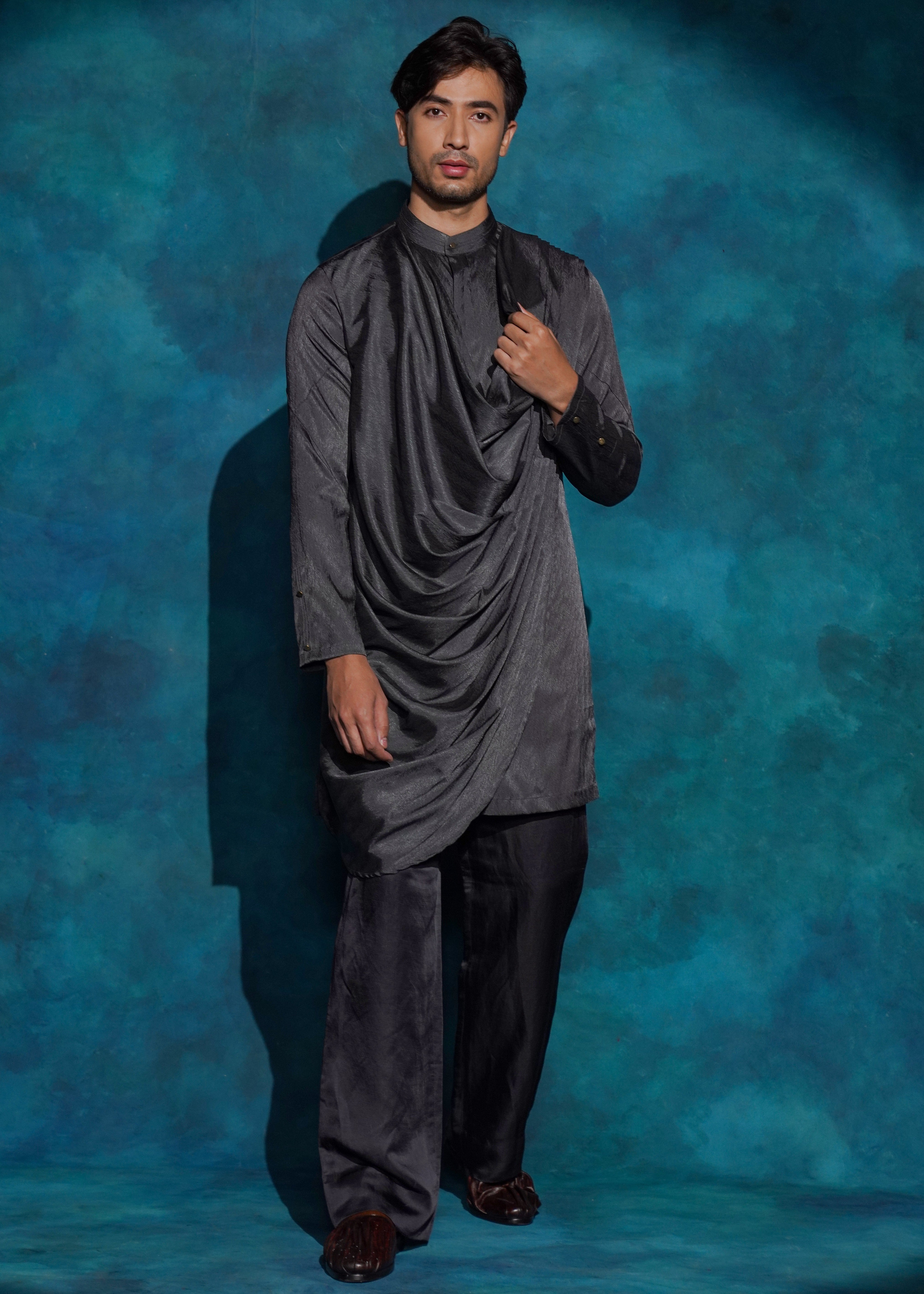 Charcoal Gray Long Drape Kurta Set