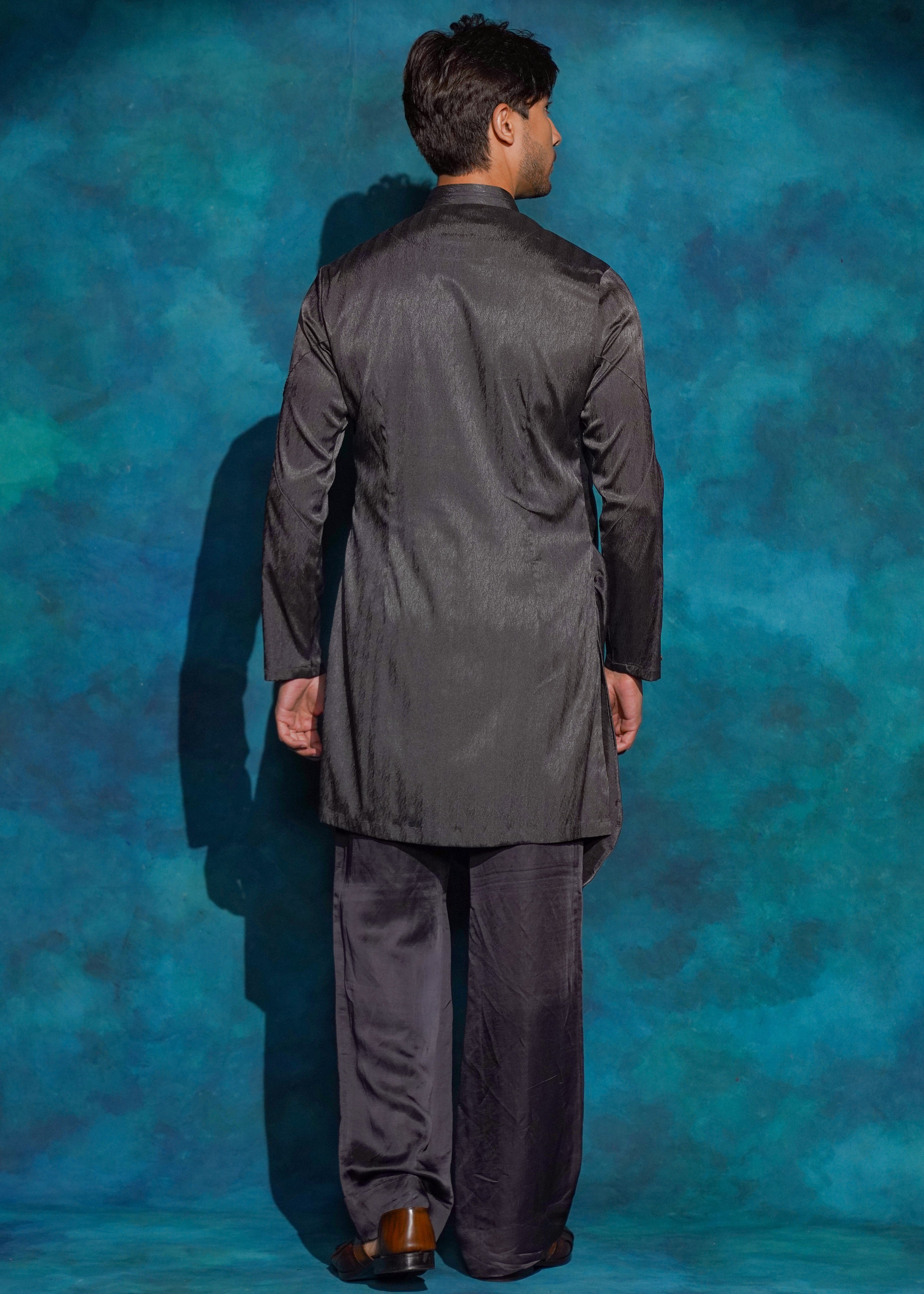 Charcoal Gray Long Drape Kurta Set
