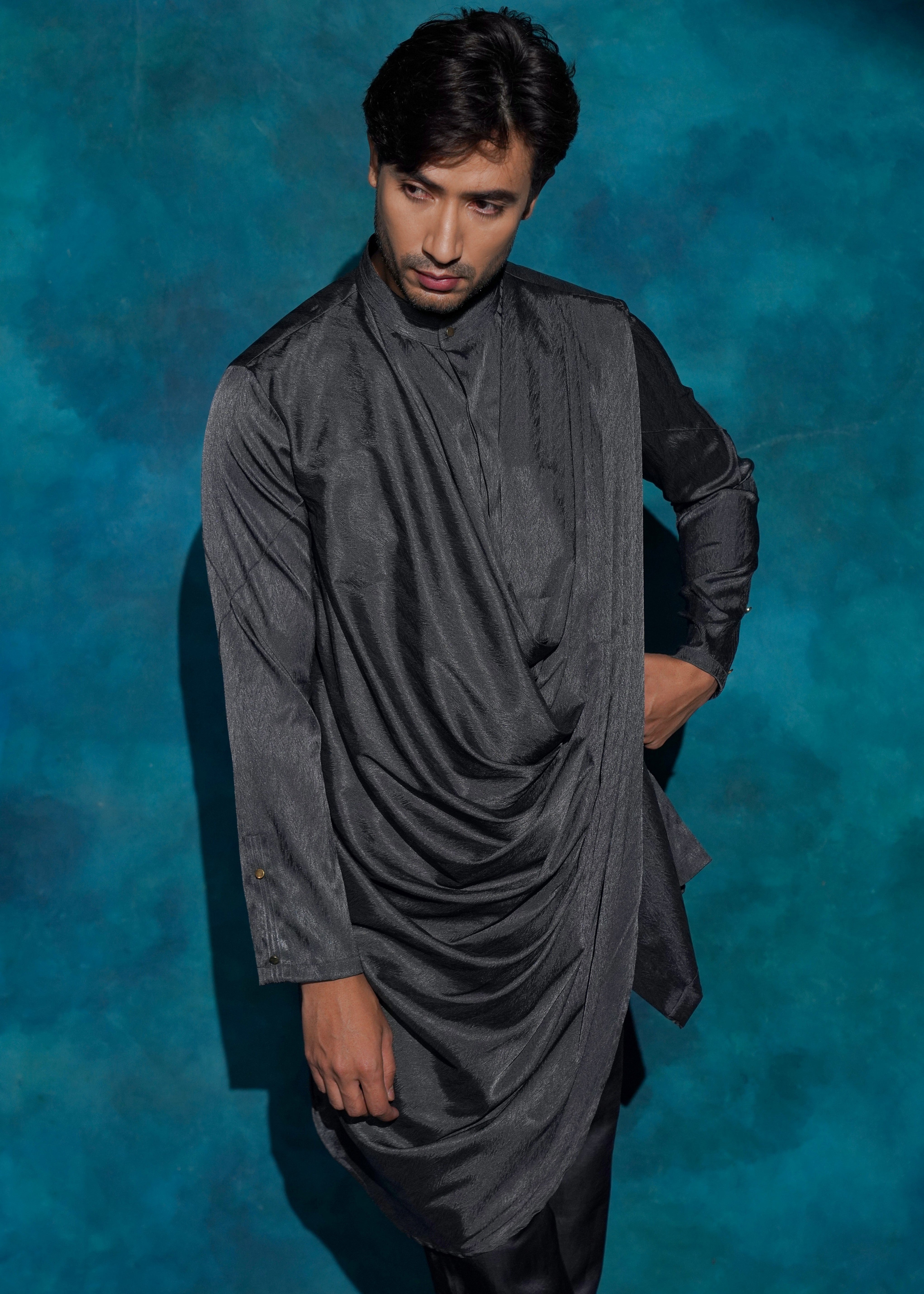 Charcoal Gray Long Drape Kurta Set