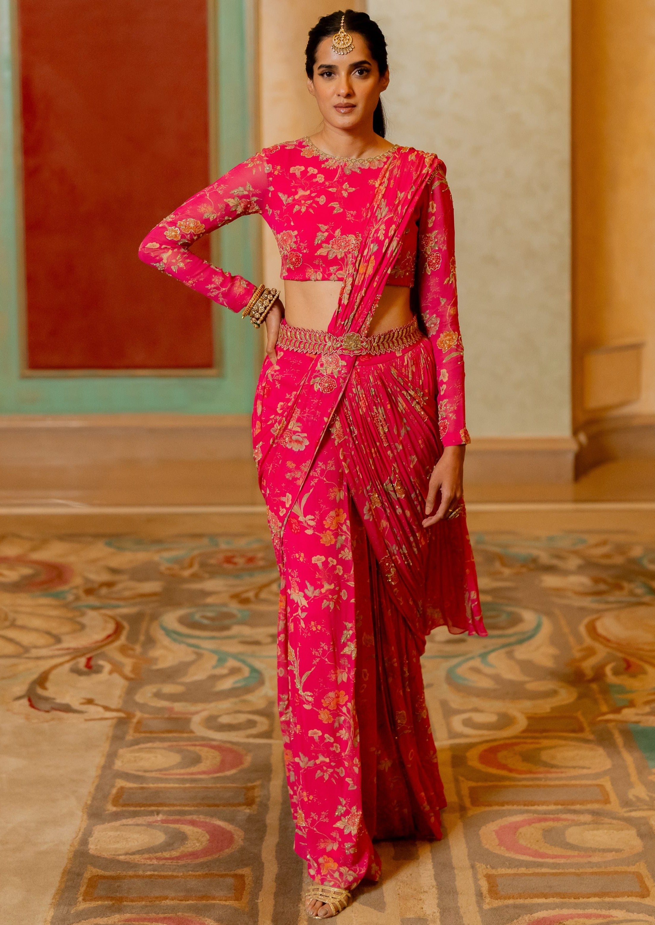 Pink Floral Printed Pre-Draped Sari Set