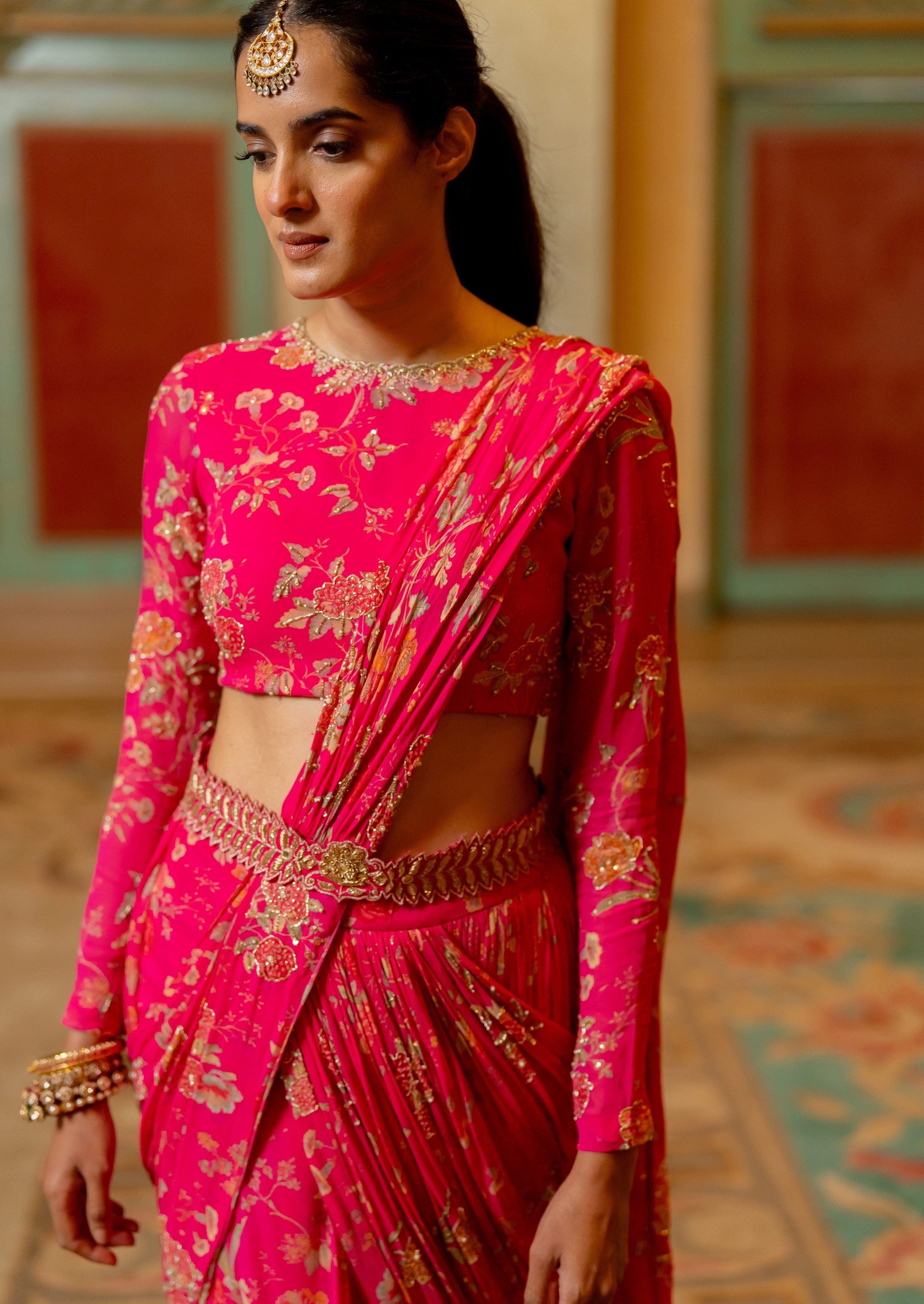 Pink Floral Printed Pre-Draped Sari Set