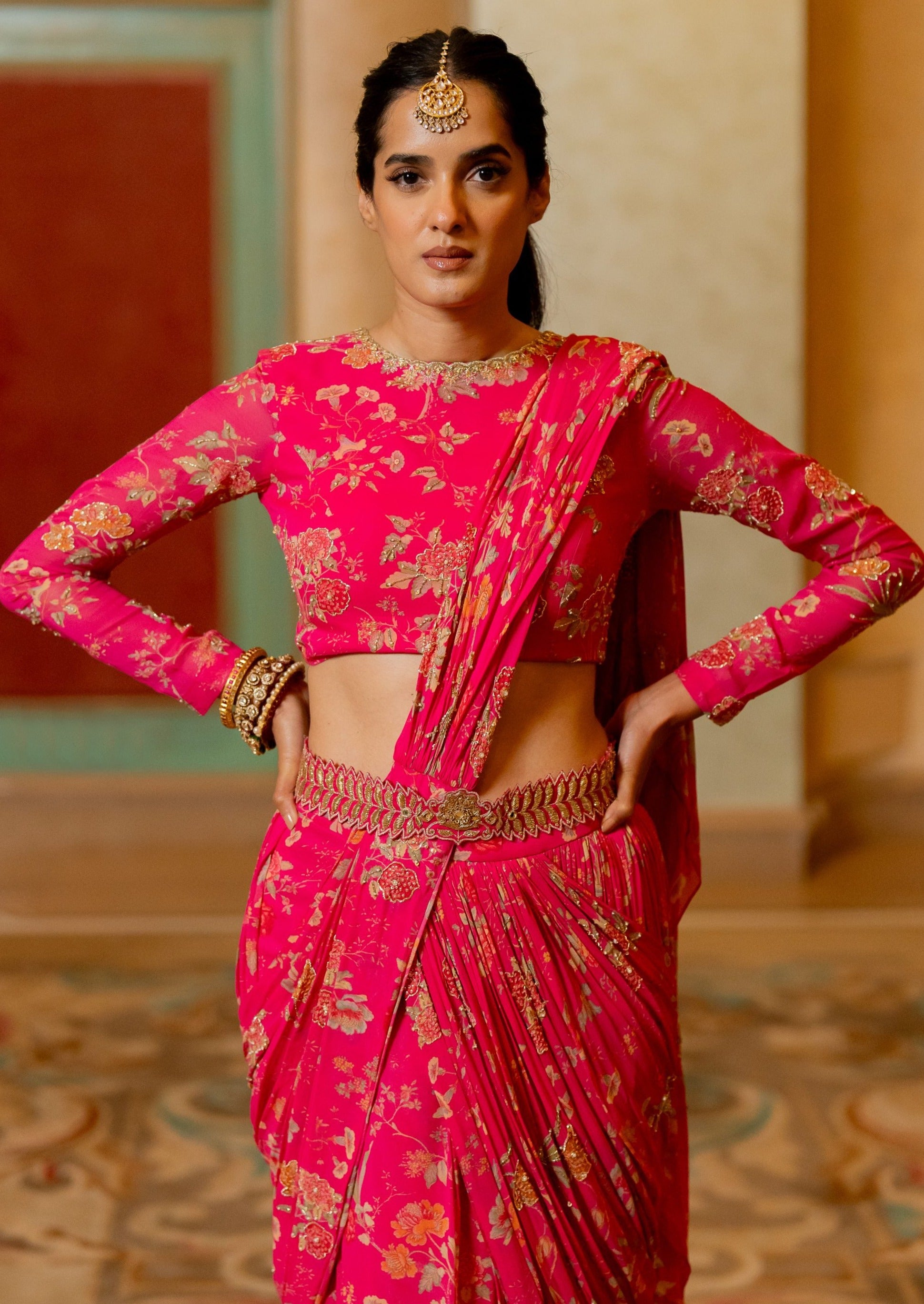 Pink Floral Printed Pre-Draped Sari Set
