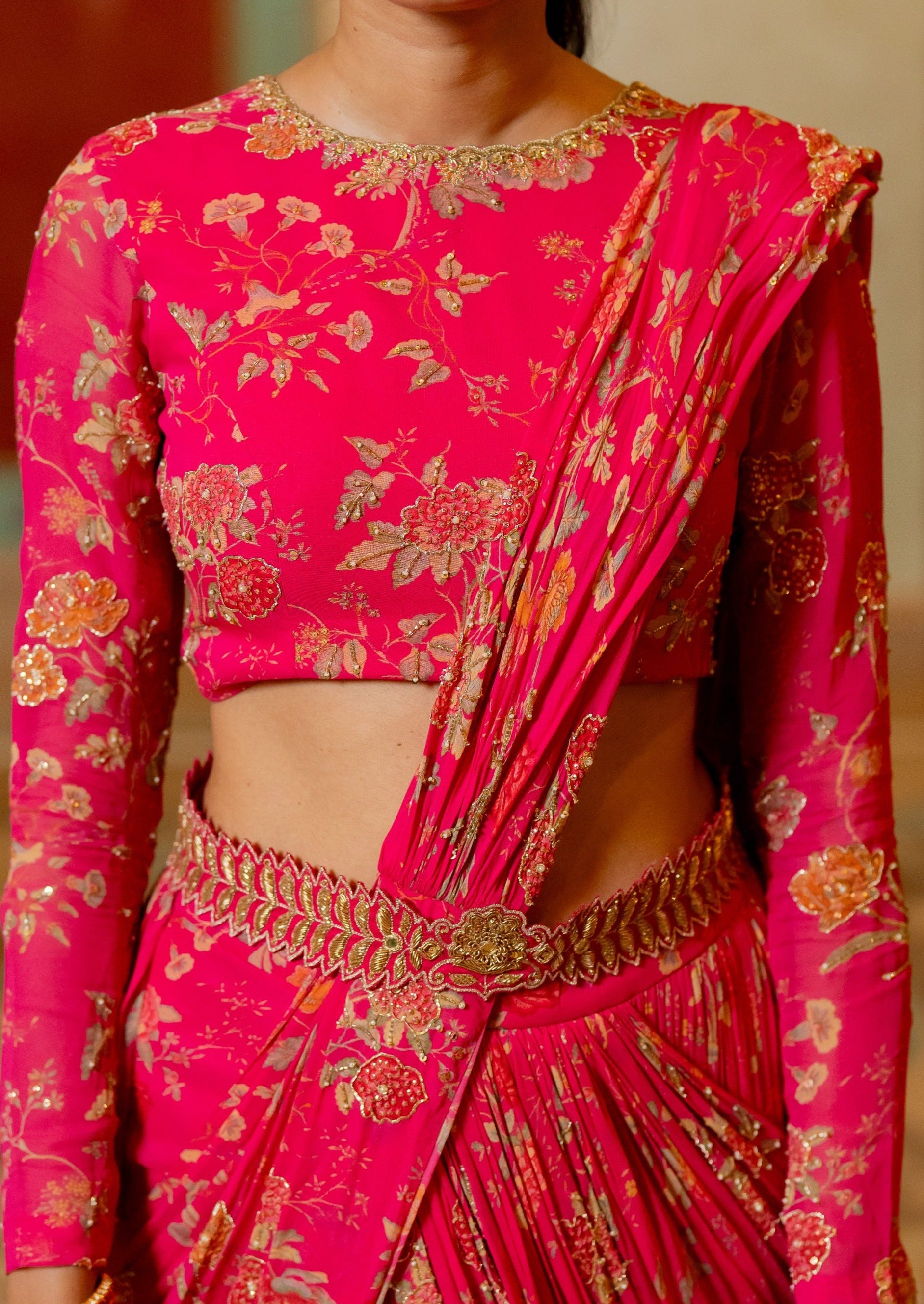 Pink Floral Printed Pre-Draped Sari Set