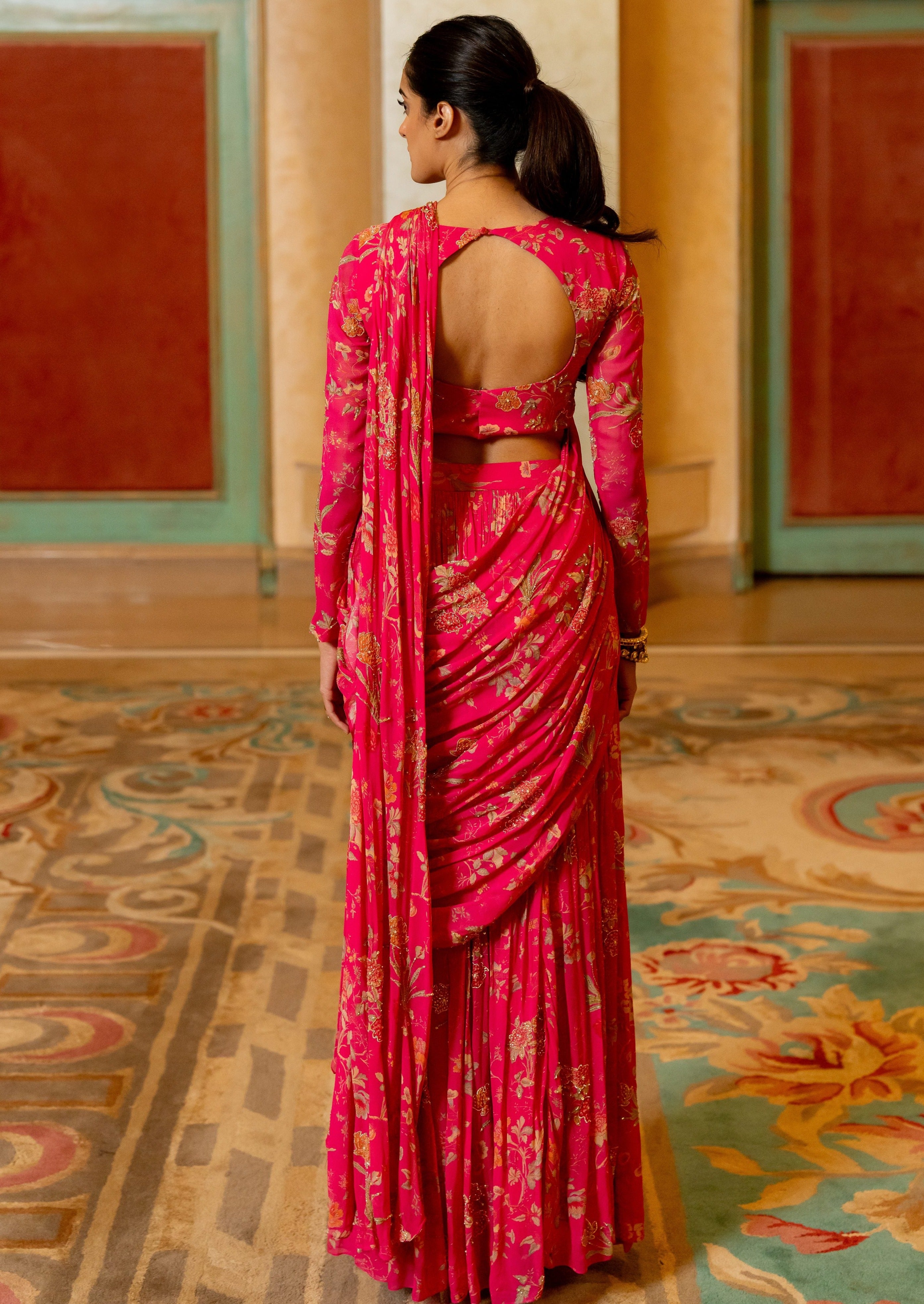 Pink Floral Printed Pre-Draped Sari Set