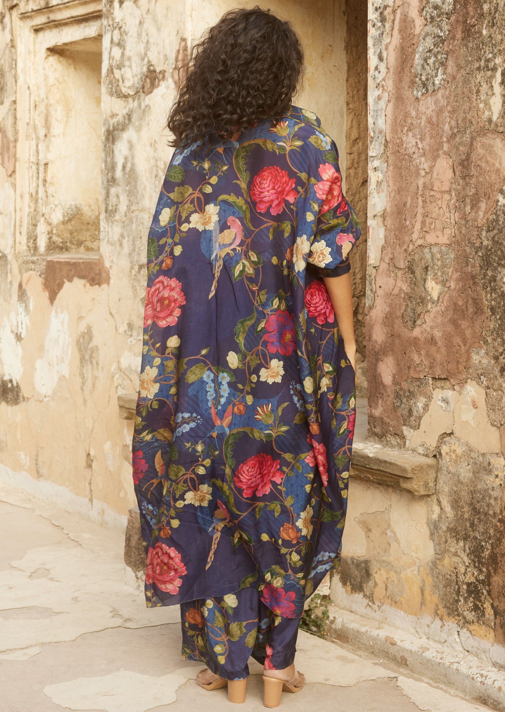Blue Floral Print Long Jacket and Pant Set