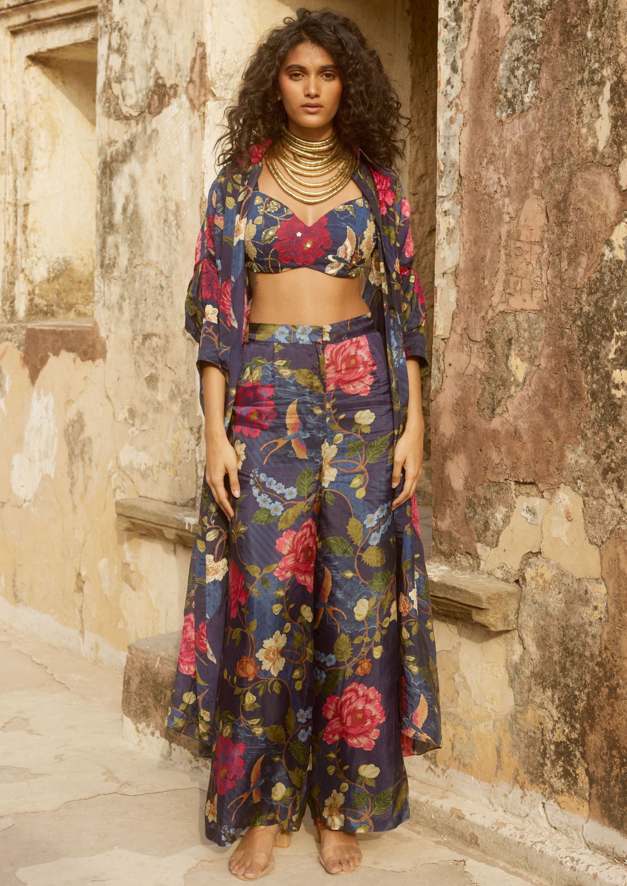 Blue Floral Print Long Jacket and Pant Set