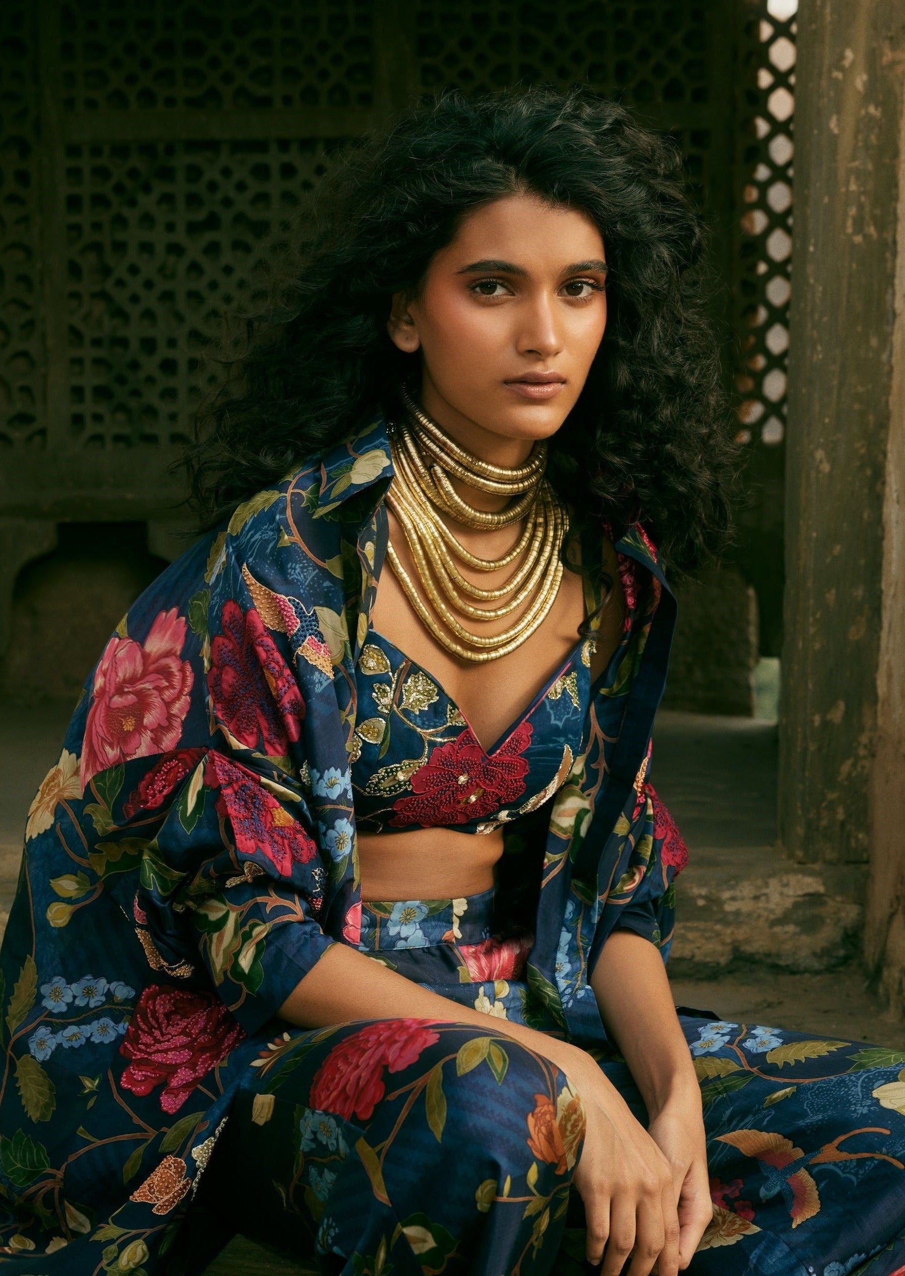 Blue Floral Print Long Jacket and Pant Set