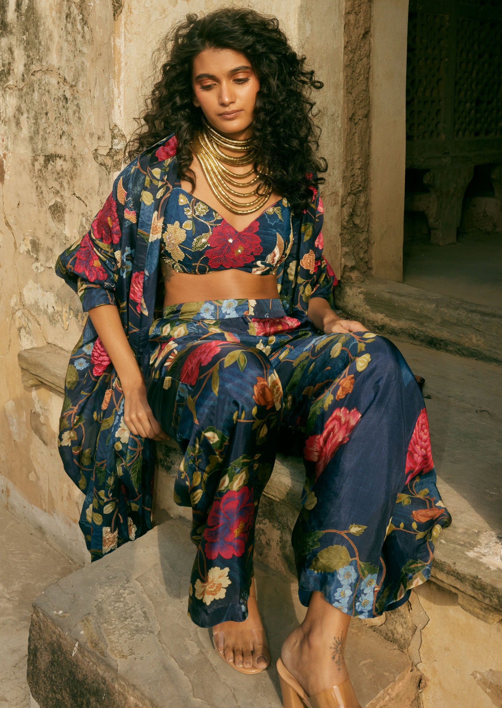 Blue Floral Print Long Jacket and Pant Set