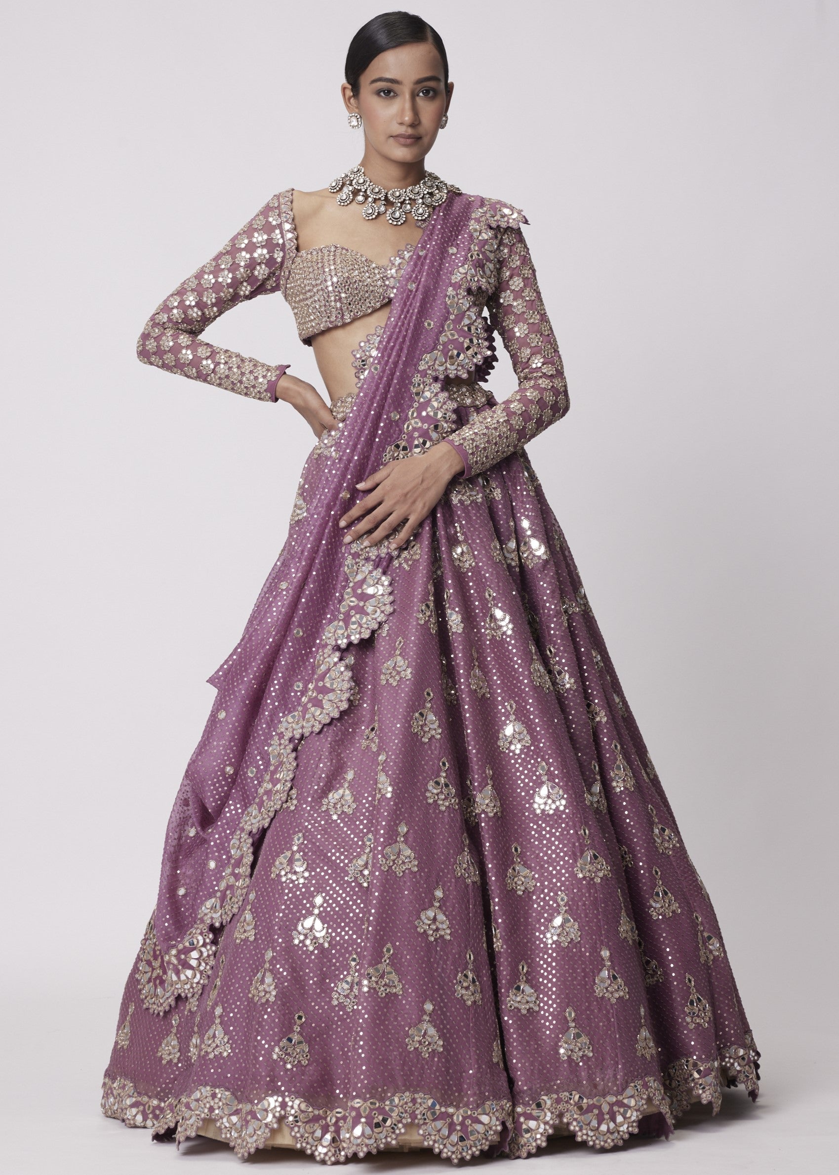 Mud Mauve Sequin And Flower Embroidered Lehenga Set