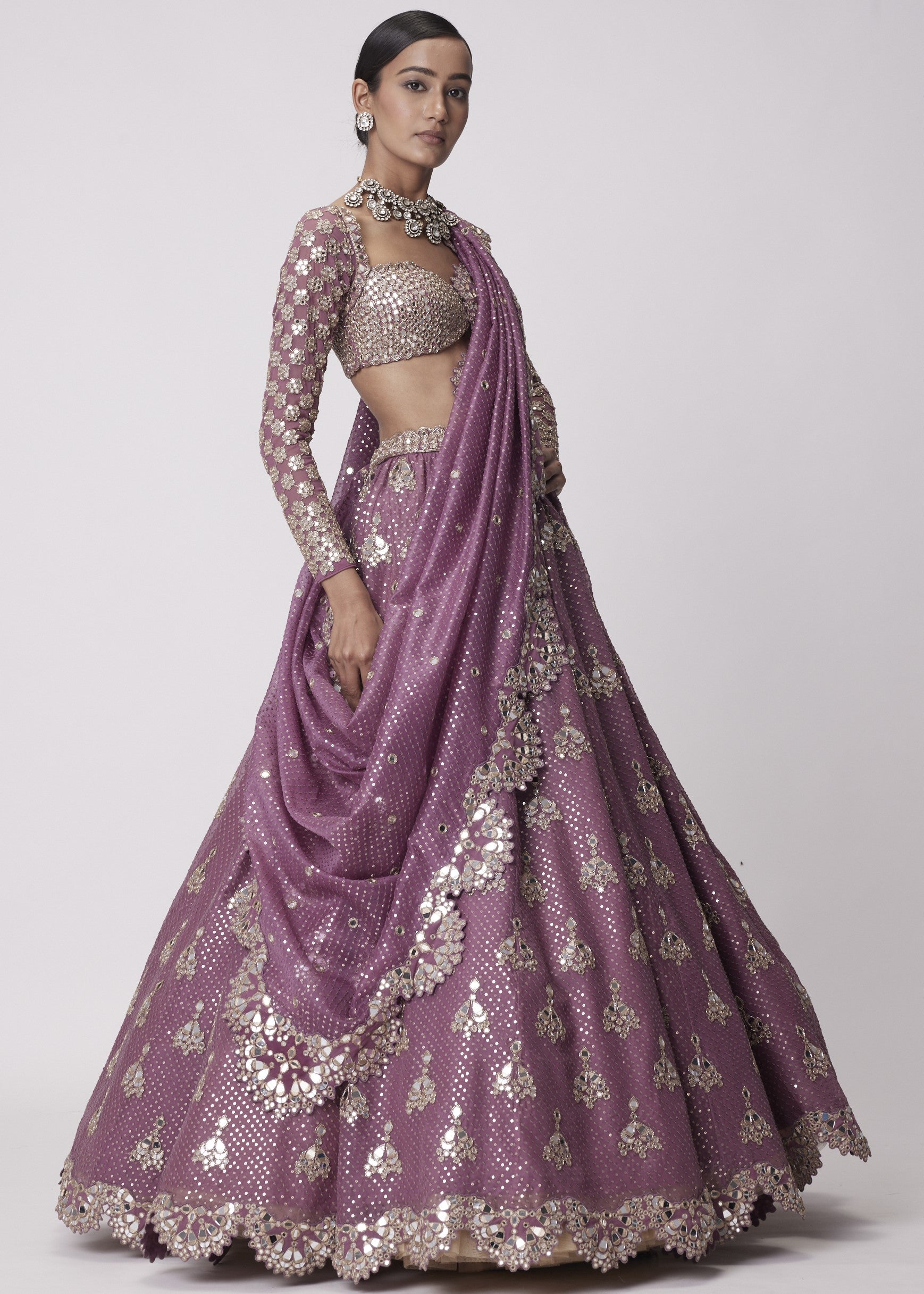 Mud Mauve Sequin And Flower Embroidered Lehenga Set