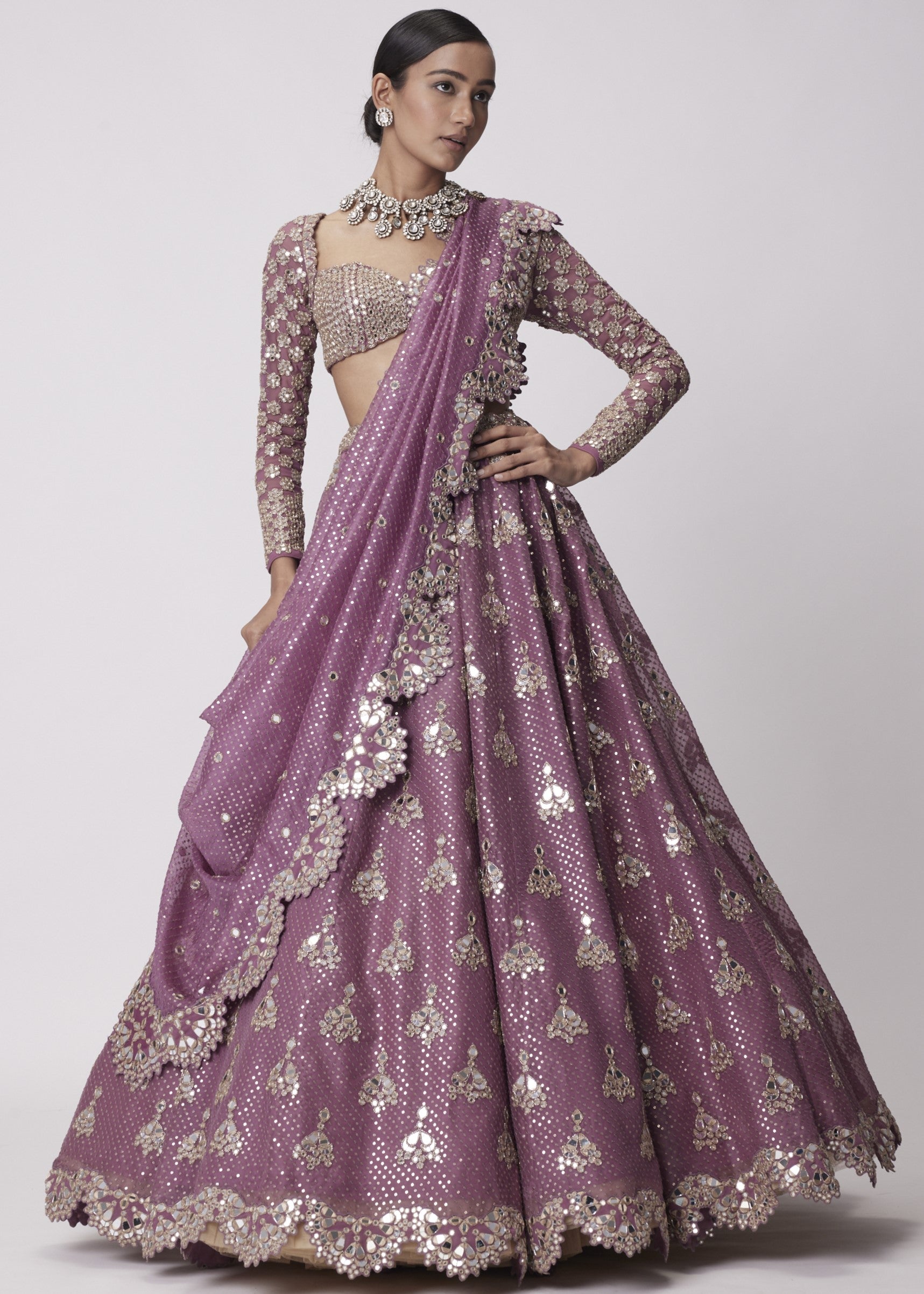 Mud Mauve Sequin And Flower Embroidered Lehenga Set