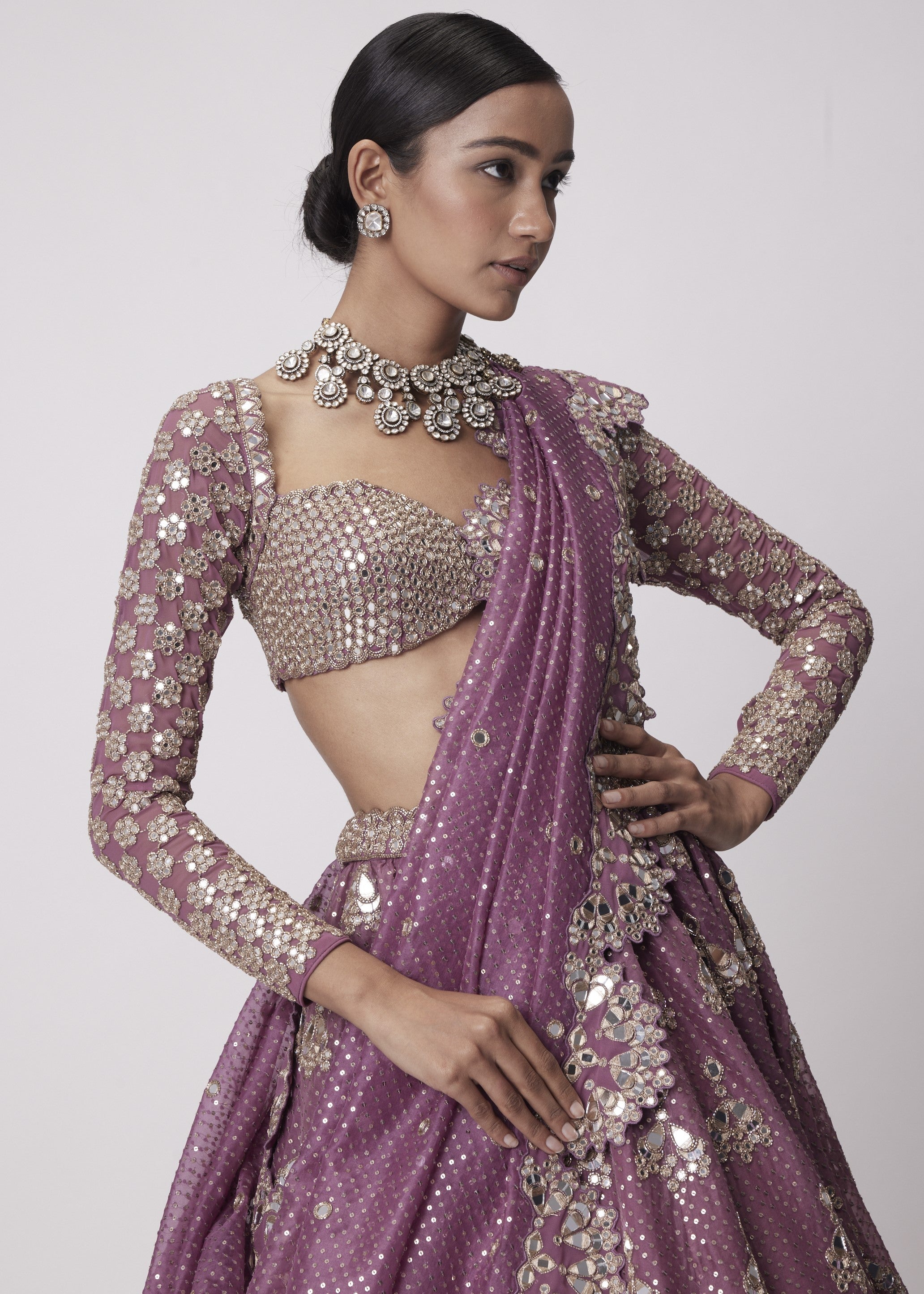 Mud Mauve Sequin And Flower Embroidered Lehenga Set