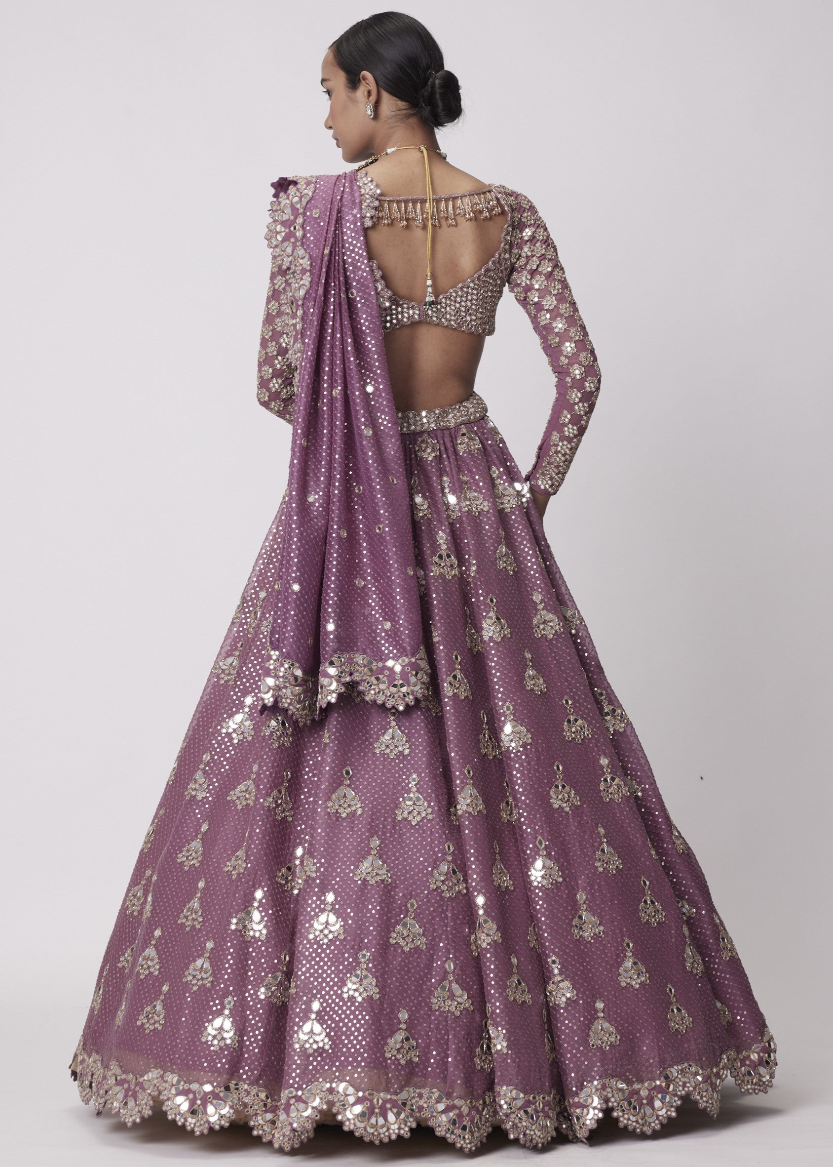Mud Mauve Sequin And Flower Embroidered Lehenga Set