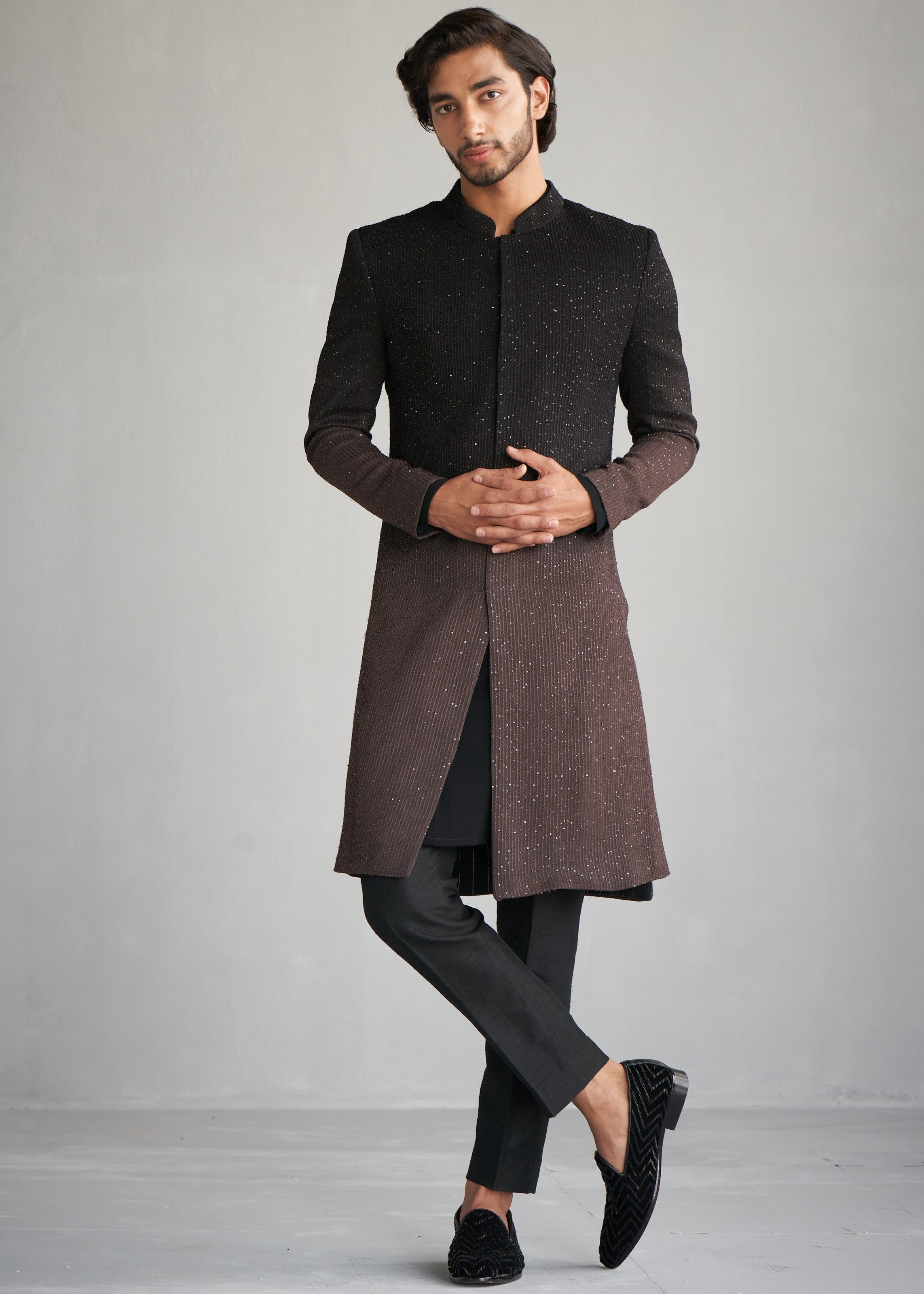 Black To Taupe Ombre Sequins Sherwani