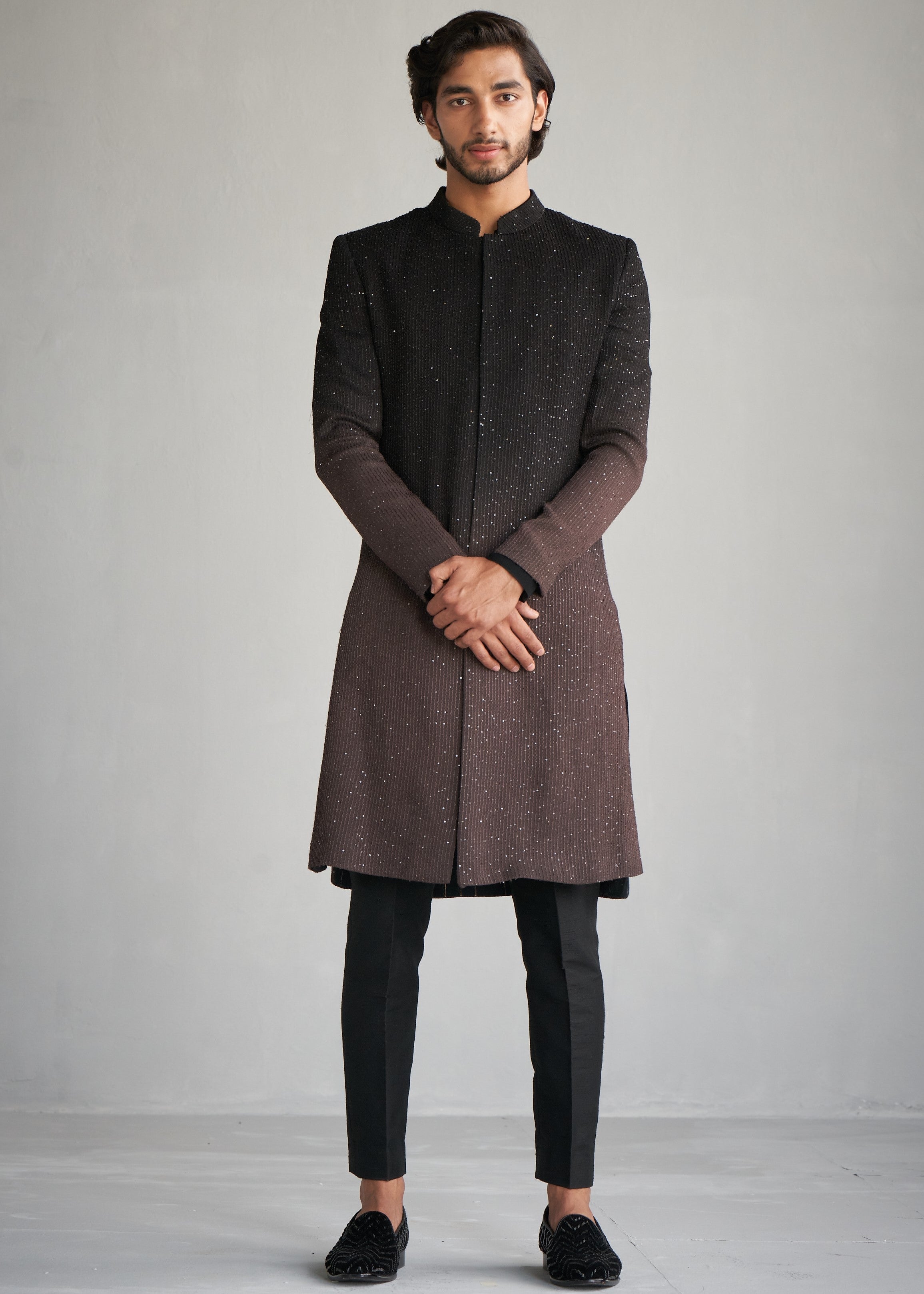 Black To Taupe Ombre Sequins Sherwani