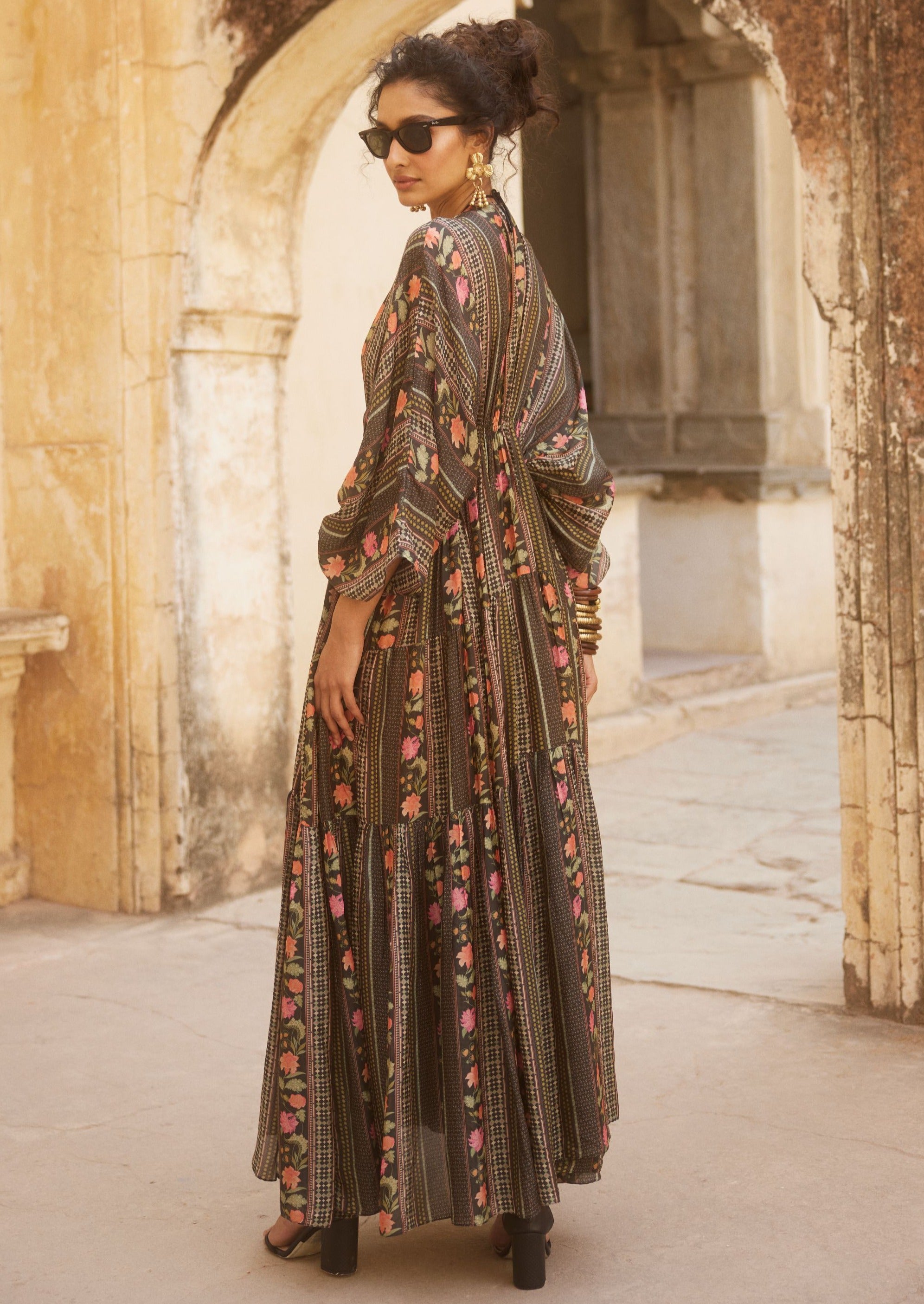Black Floral Front Slit Kaftan