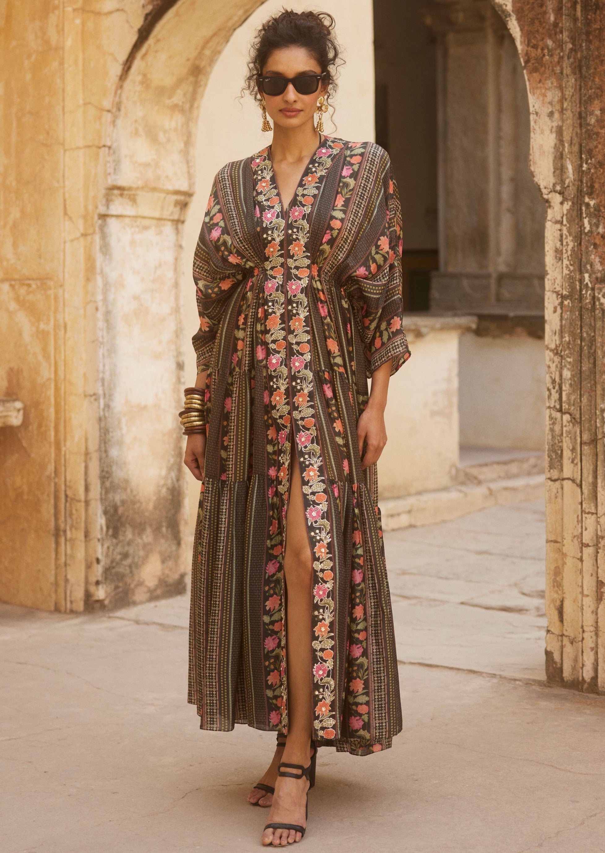 Black Floral Front Slit Kaftan