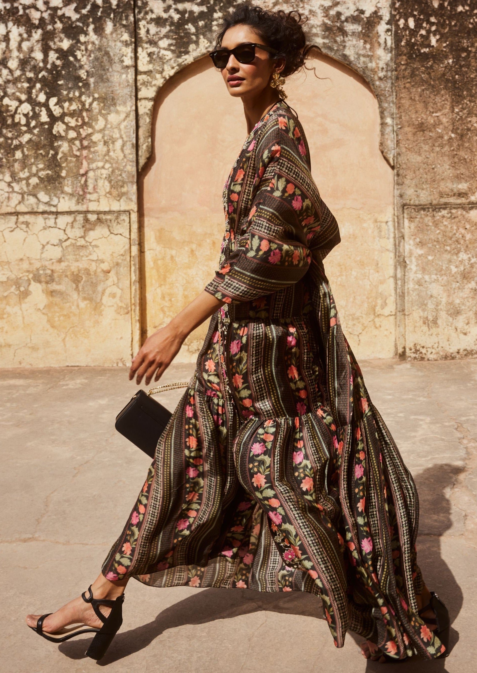 Black Floral Front Slit Kaftan