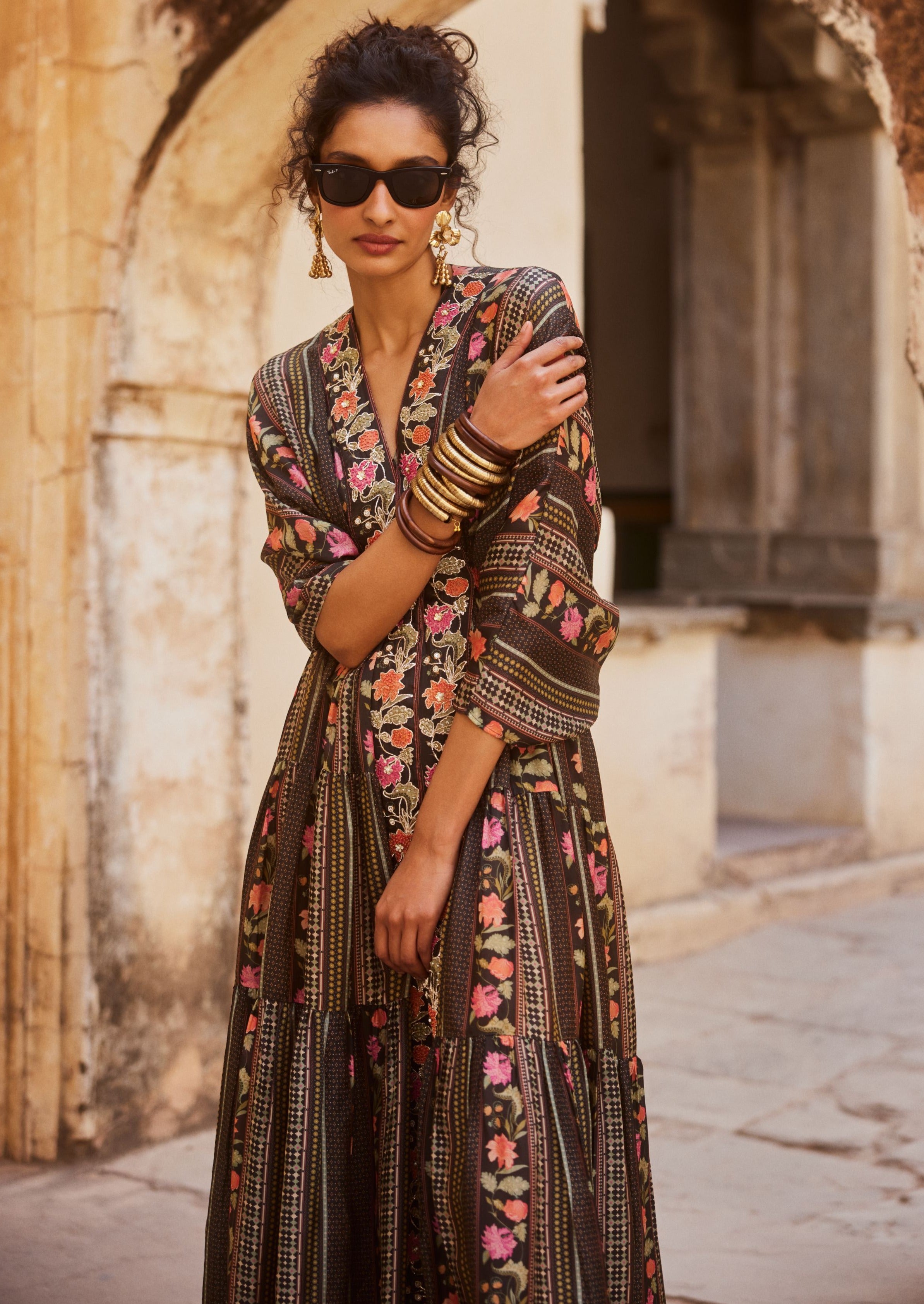 Black Floral Front Slit Kaftan