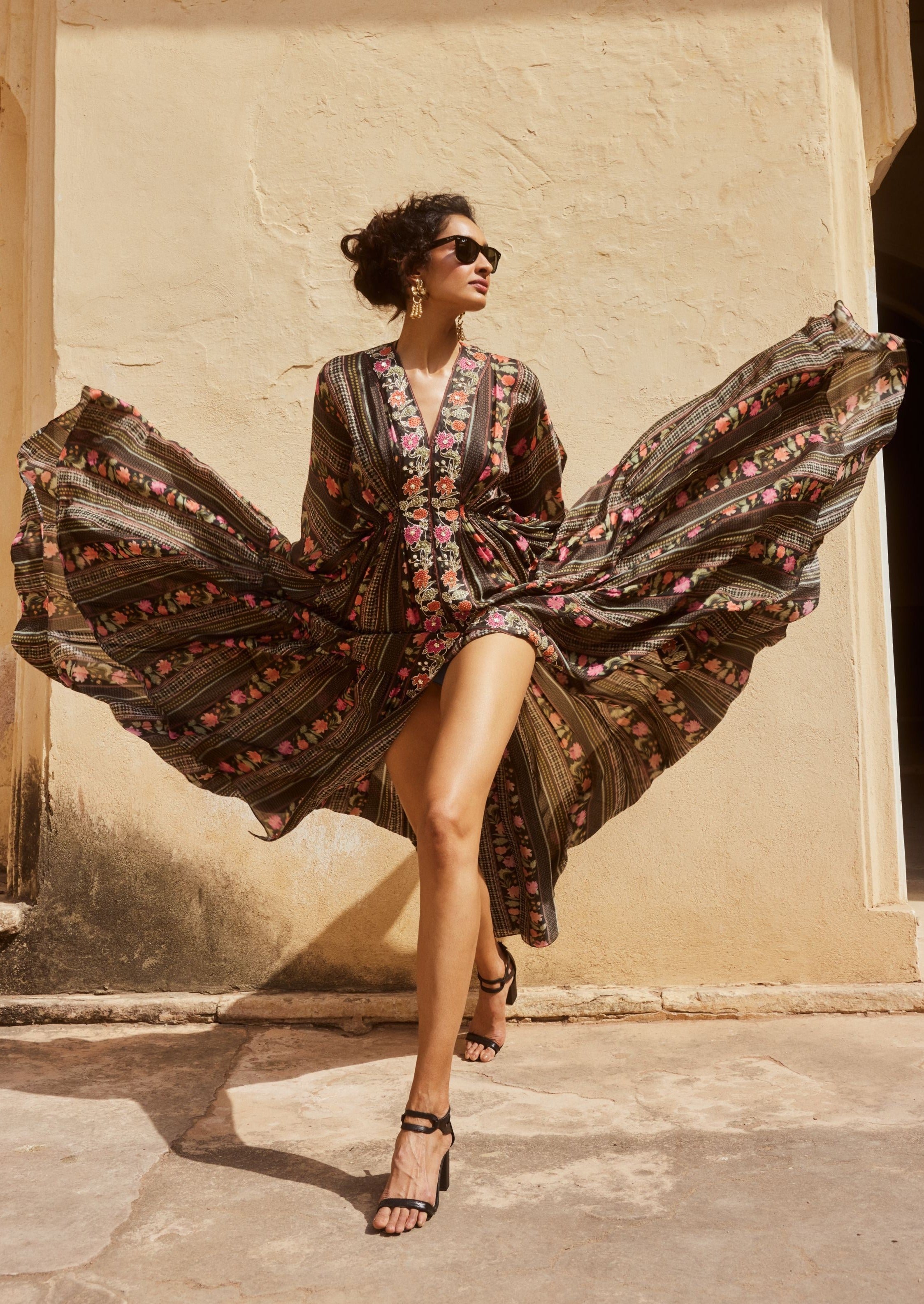 Black Floral Front Slit Kaftan