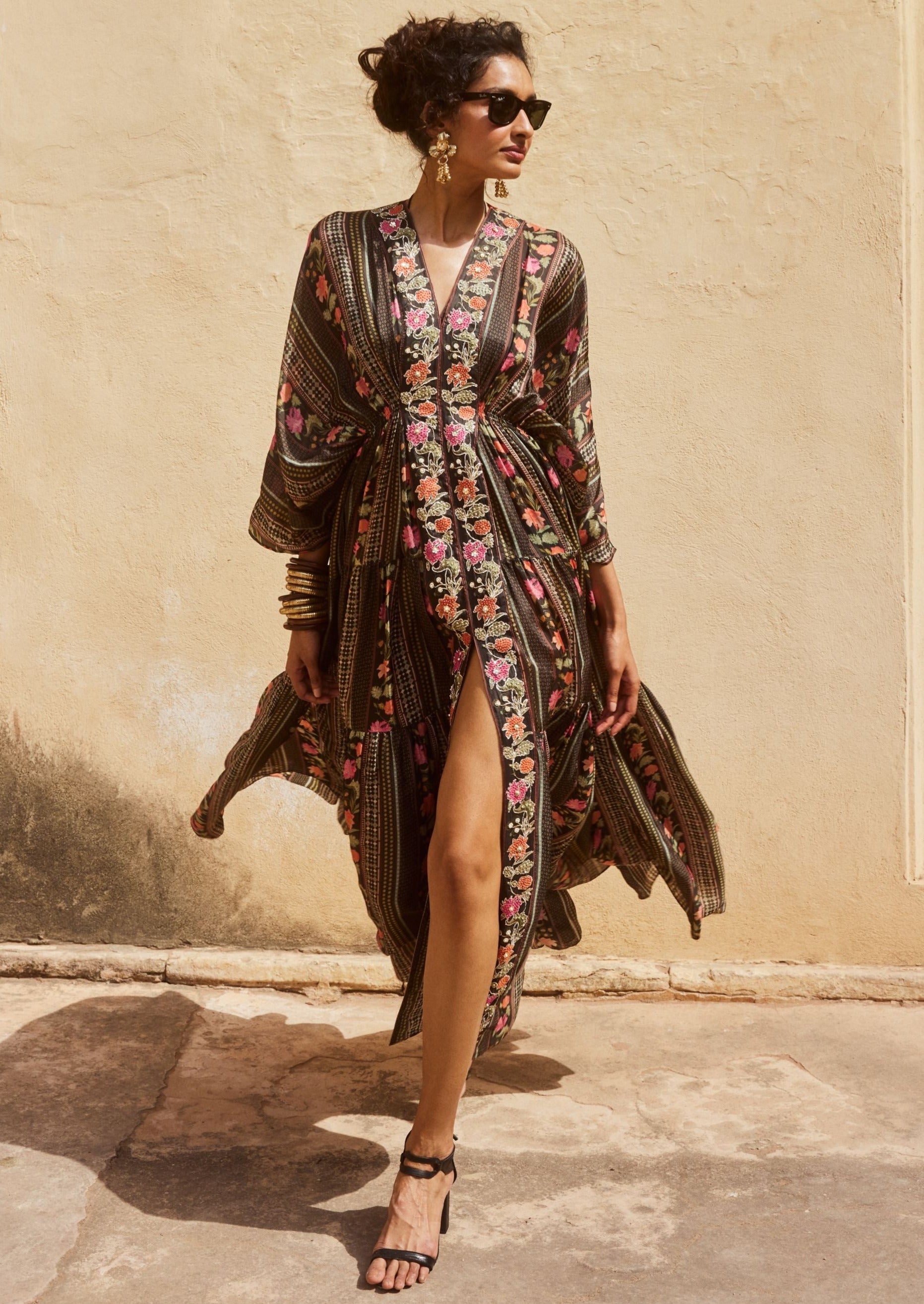 Black Floral Front Slit Kaftan