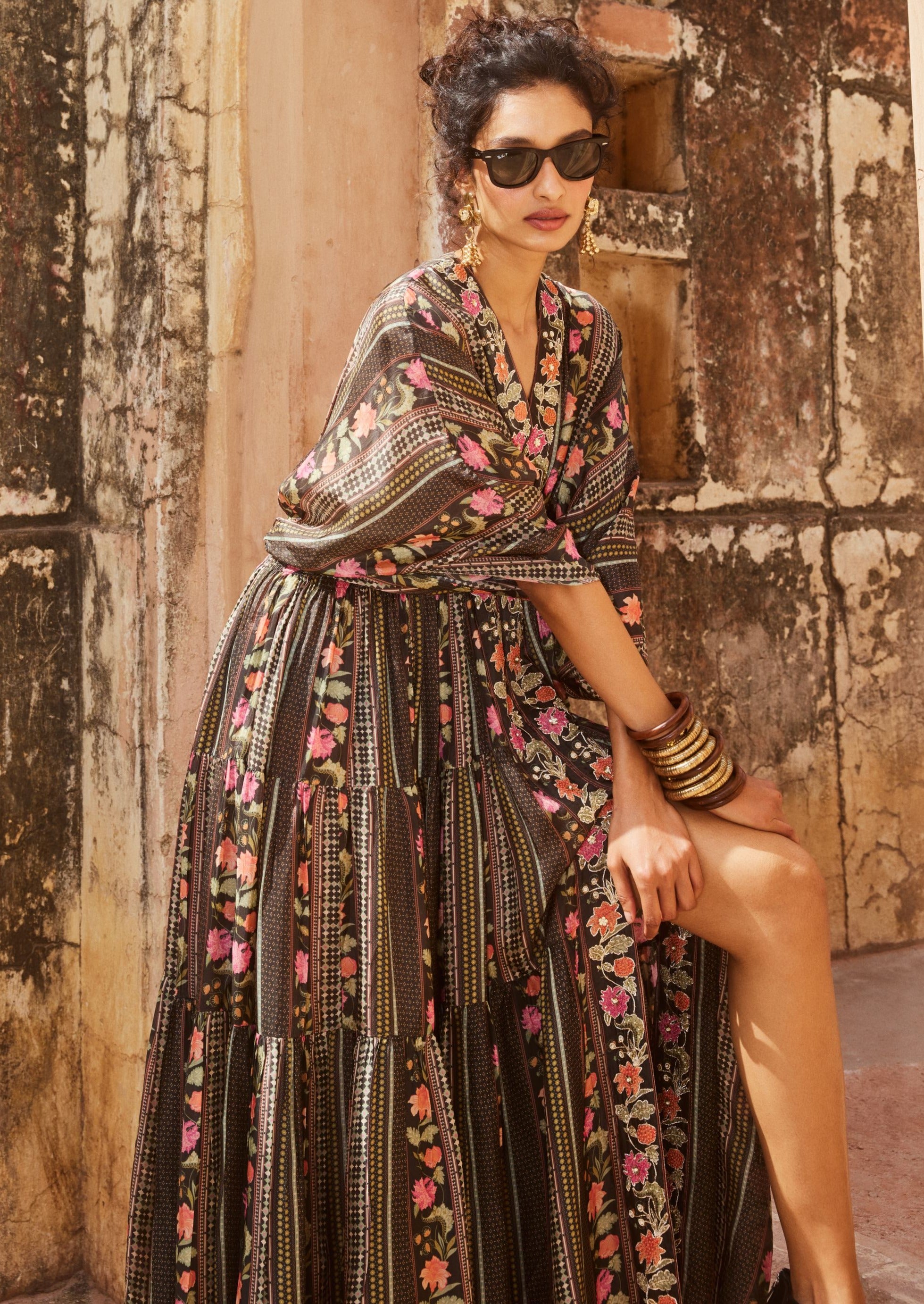 Black Floral Front Slit Kaftan
