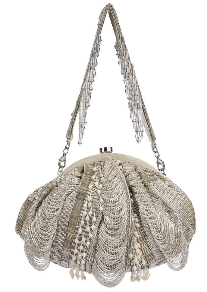 Ruche Soft Pouch Lustrous Silver Clutch