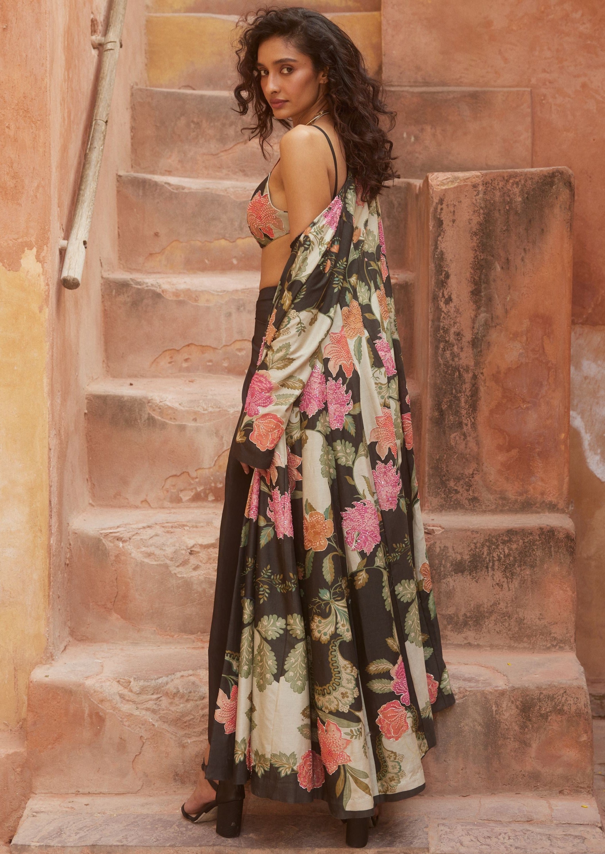 Black Floral Print Long Jacket and Skirt Set