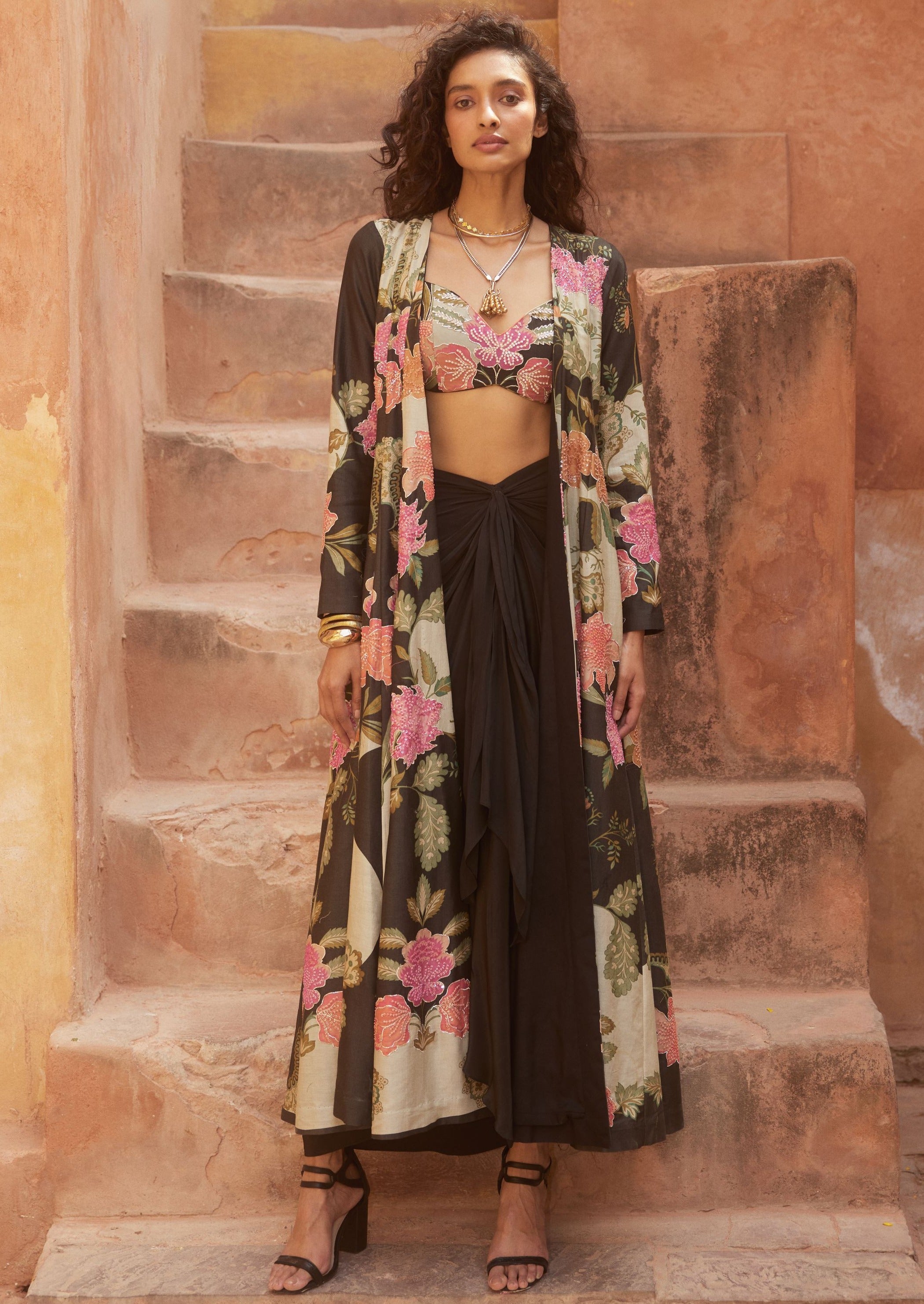 Black Floral Print Long Jacket and Skirt Set