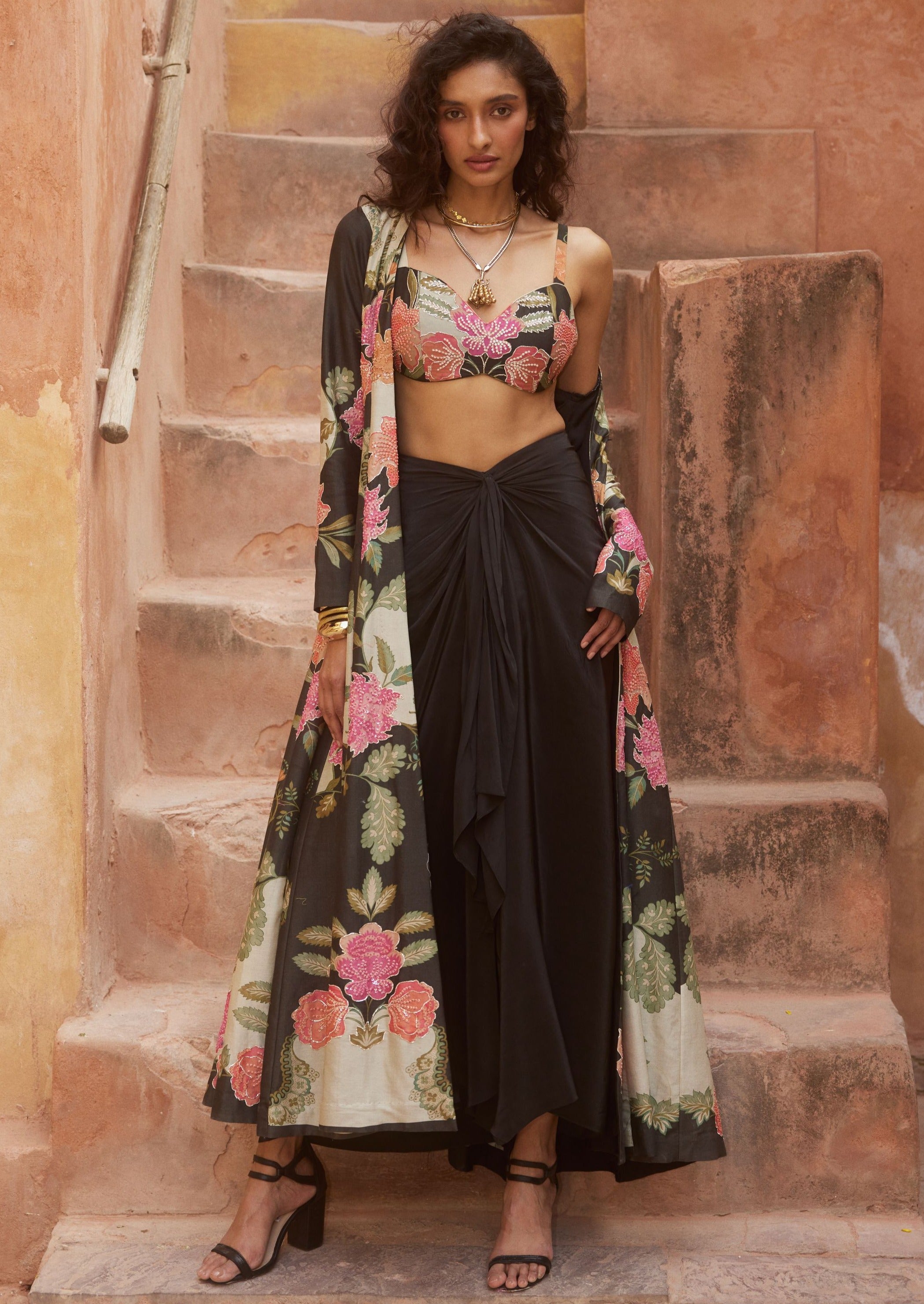Black Floral Print Long Jacket and Skirt Set