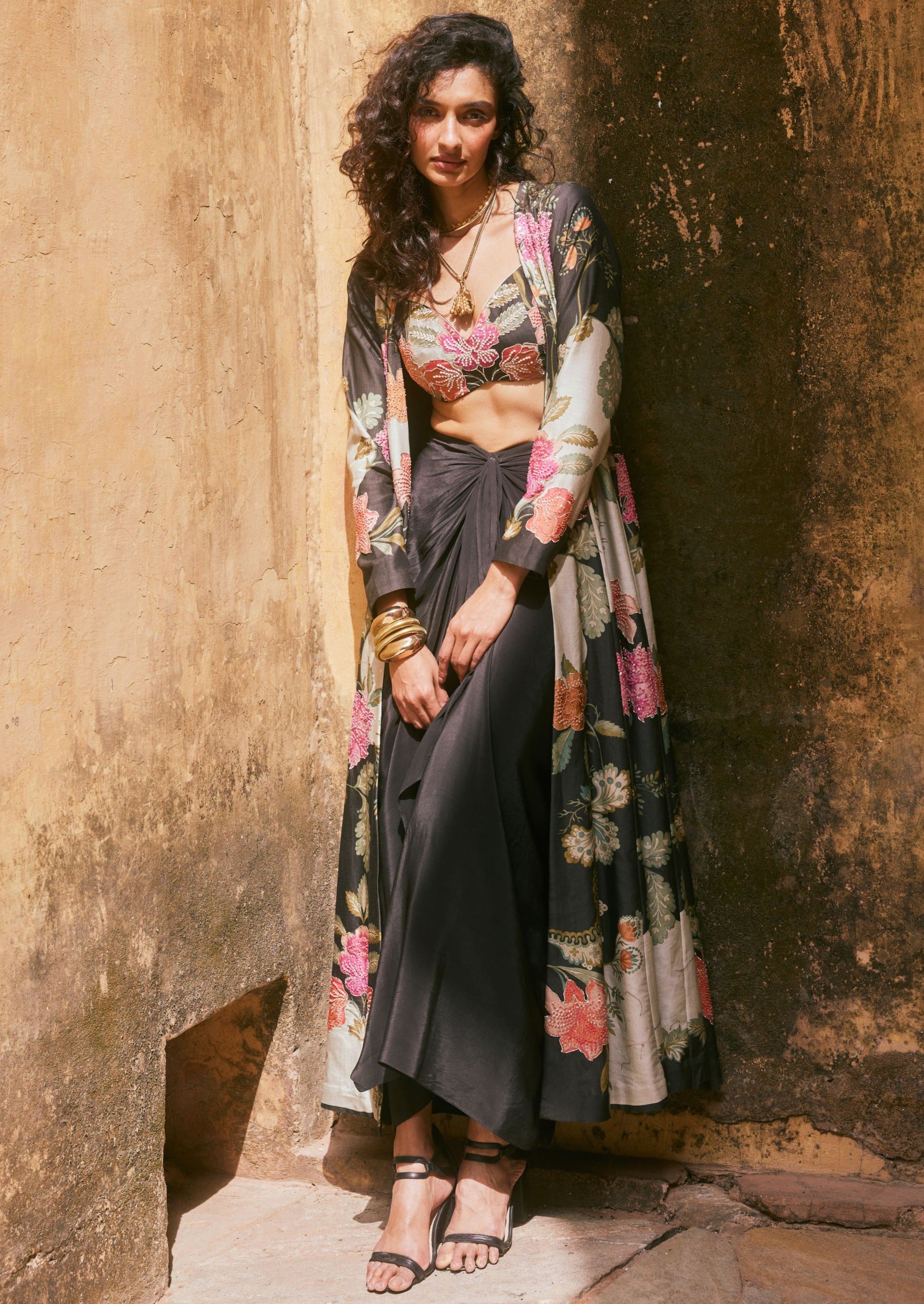 Black Floral Print Long Jacket and Skirt Set