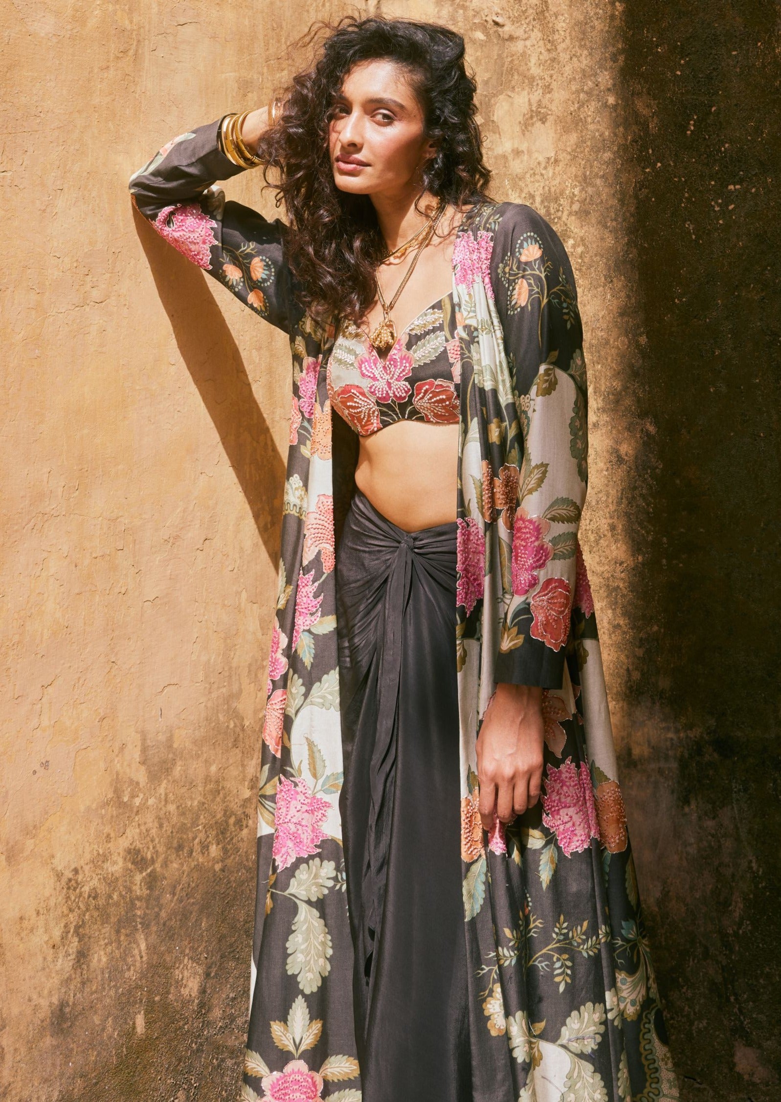 Black Floral Print Long Jacket and Skirt Set