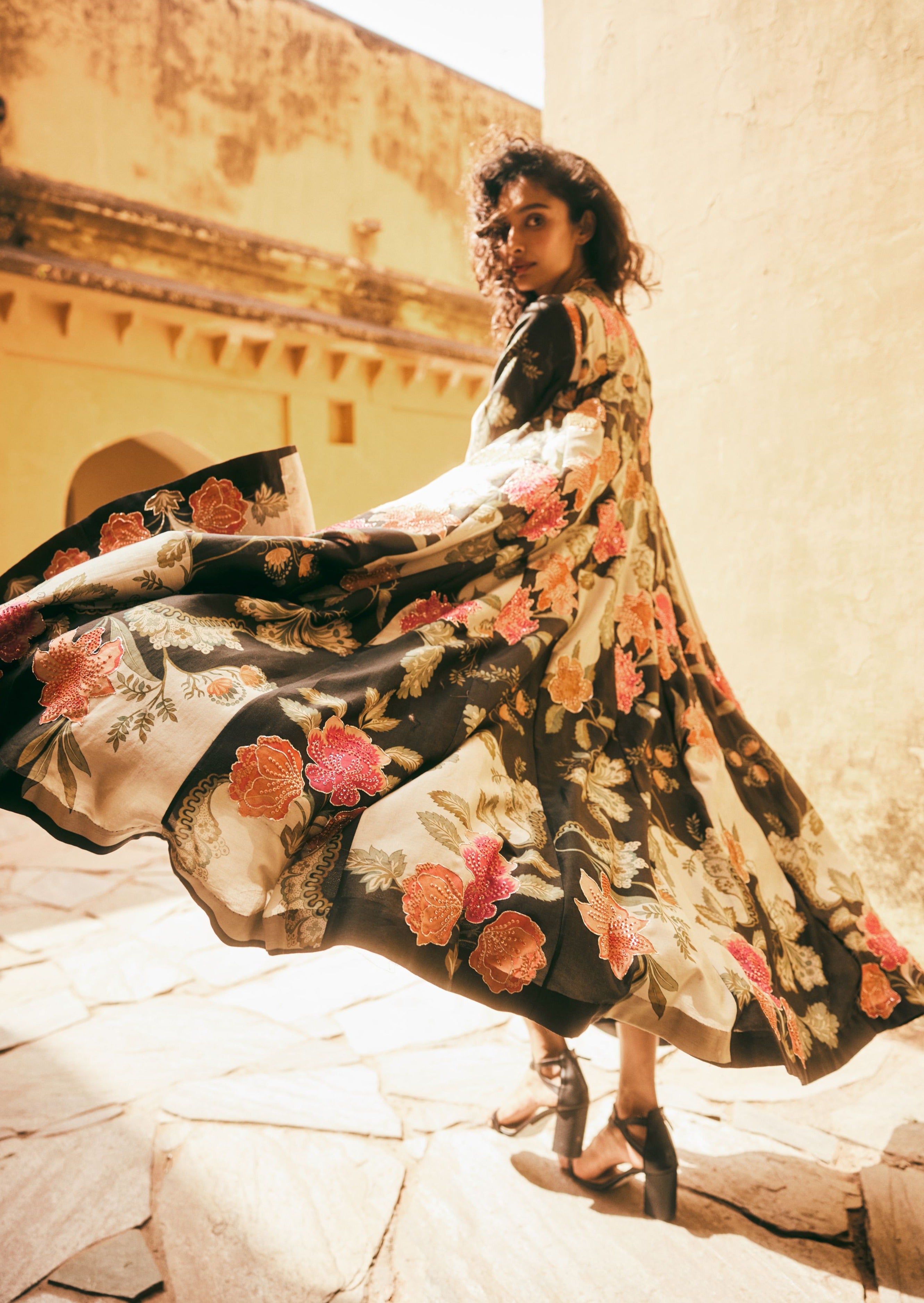 Black Floral Print Long Jacket and Skirt Set