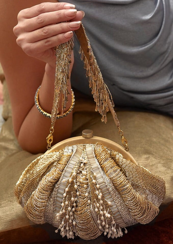 Ruche Soft Pouch Peerless Gold Lustrous Silver Clutch