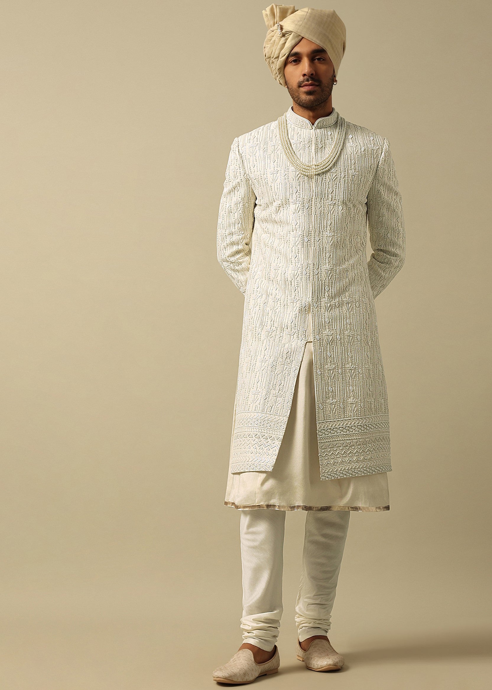 White Sherwani With Exquisite Heavy Embroidery
