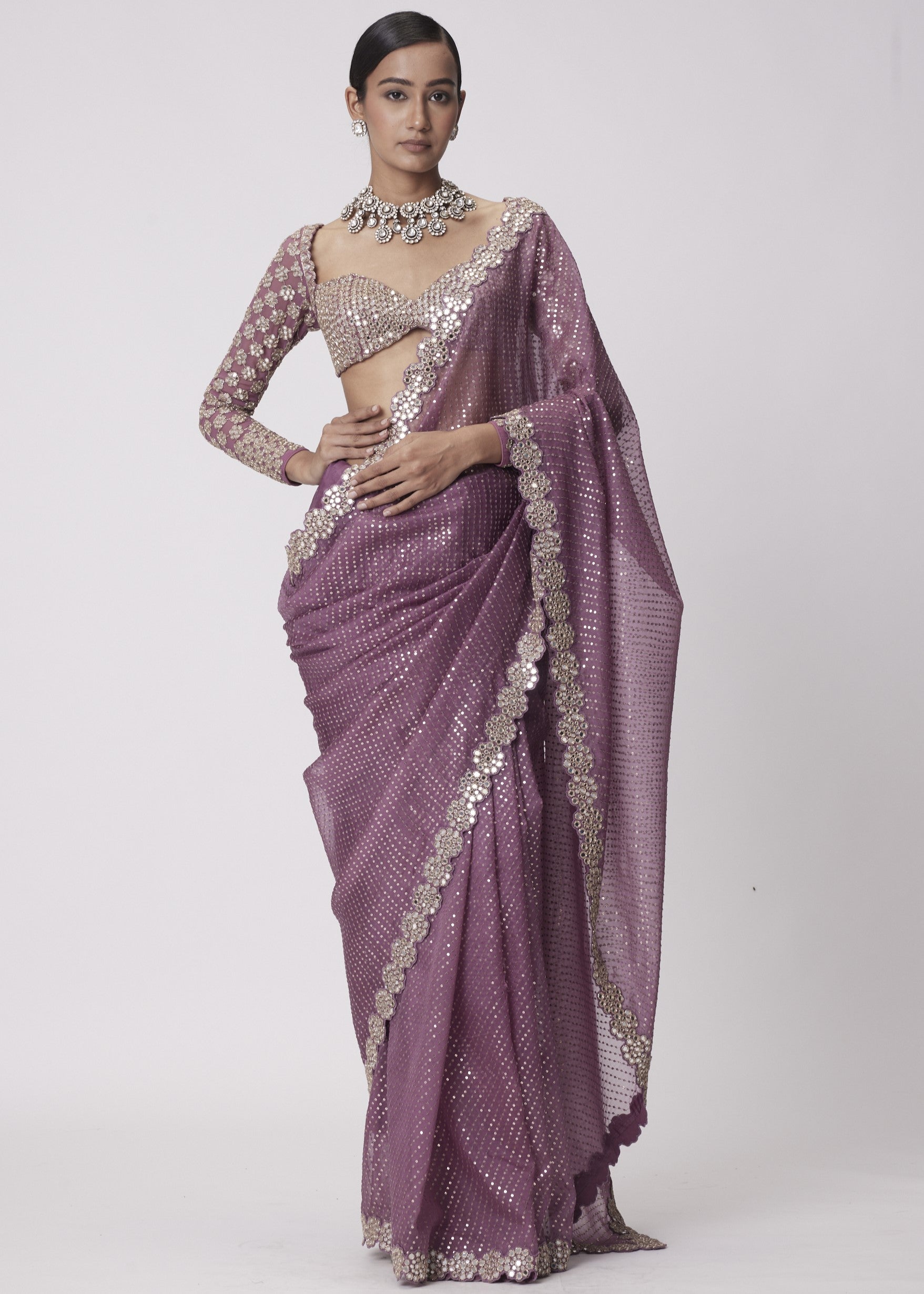 Mud Mauve Hand Embroidered Organza Sari Set