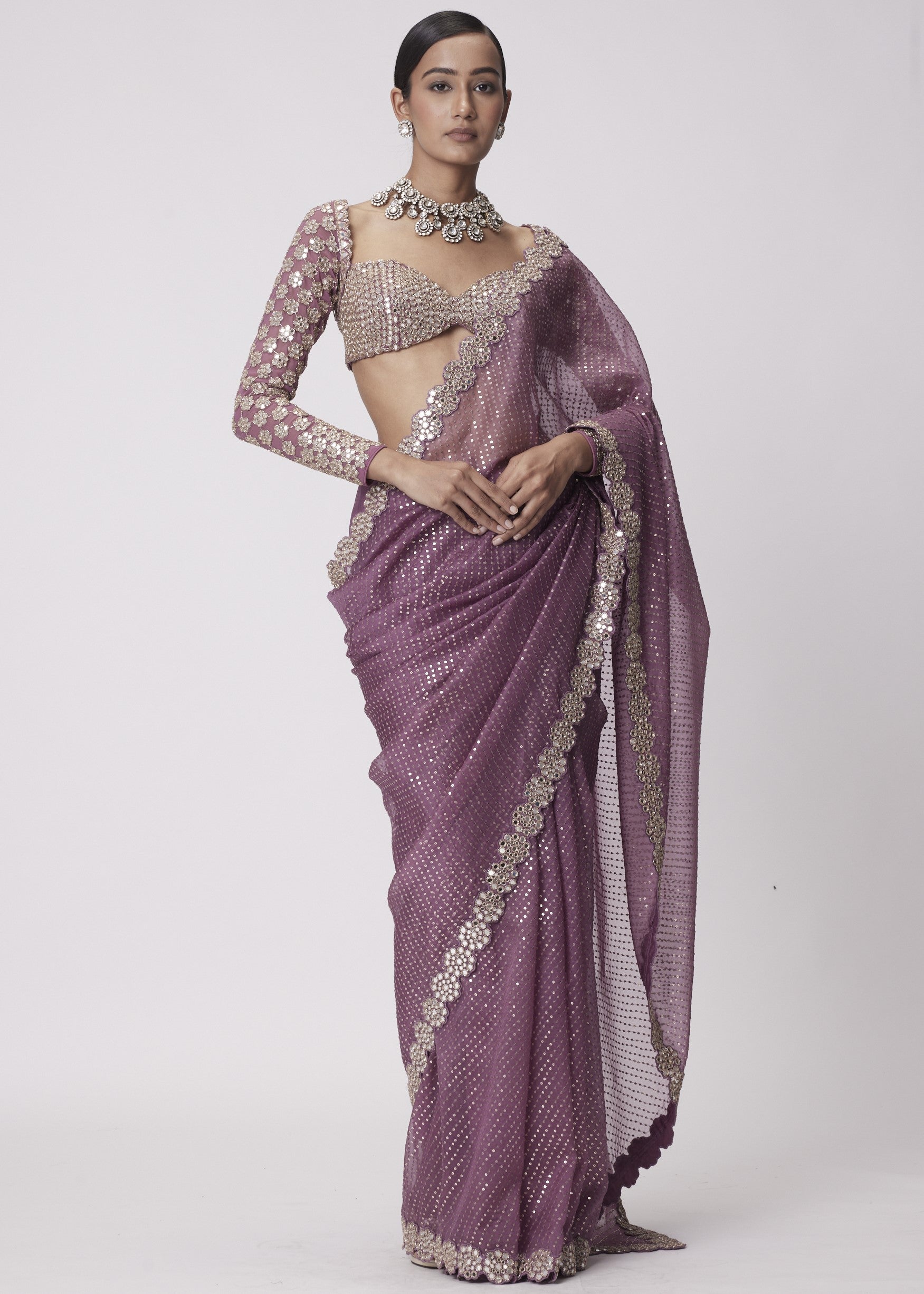 Mud Mauve Hand Embroidered Organza Sari Set
