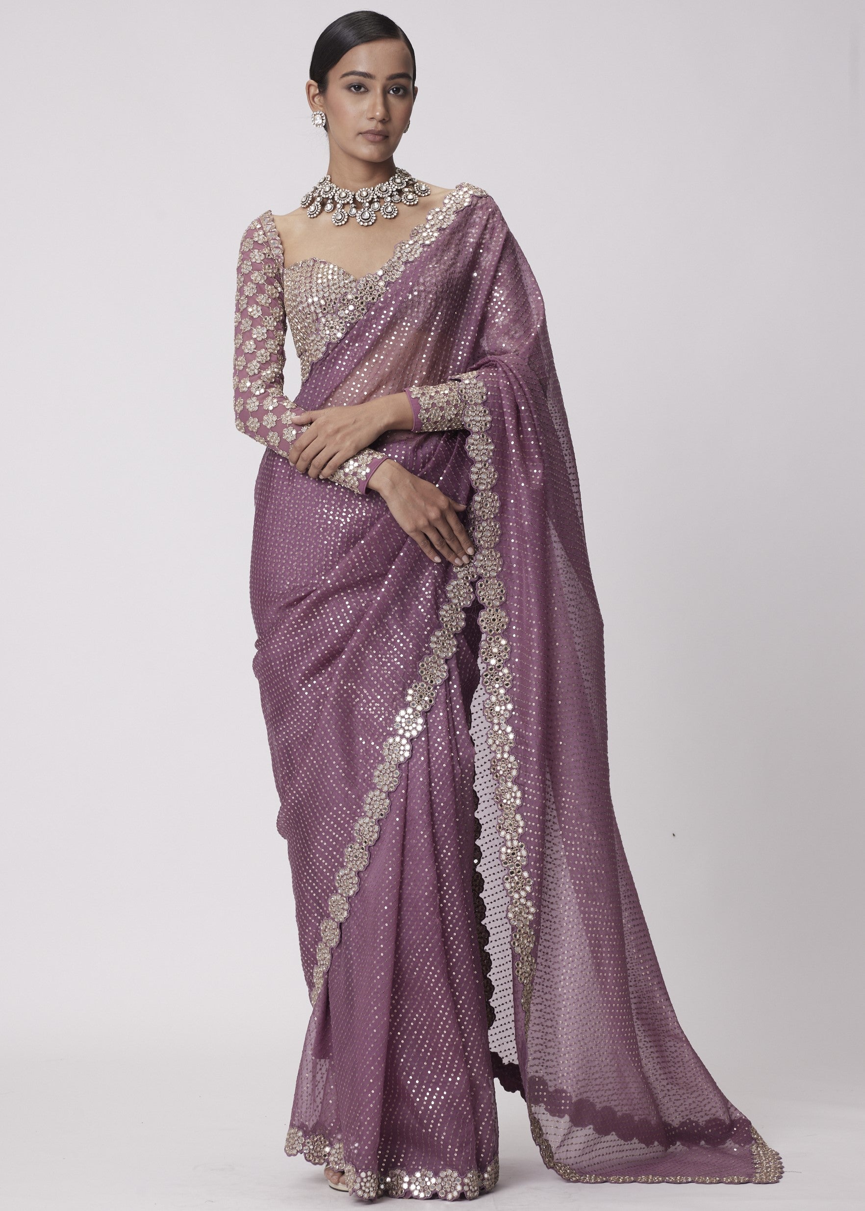 Mud Mauve Hand Embroidered Organza Sari Set
