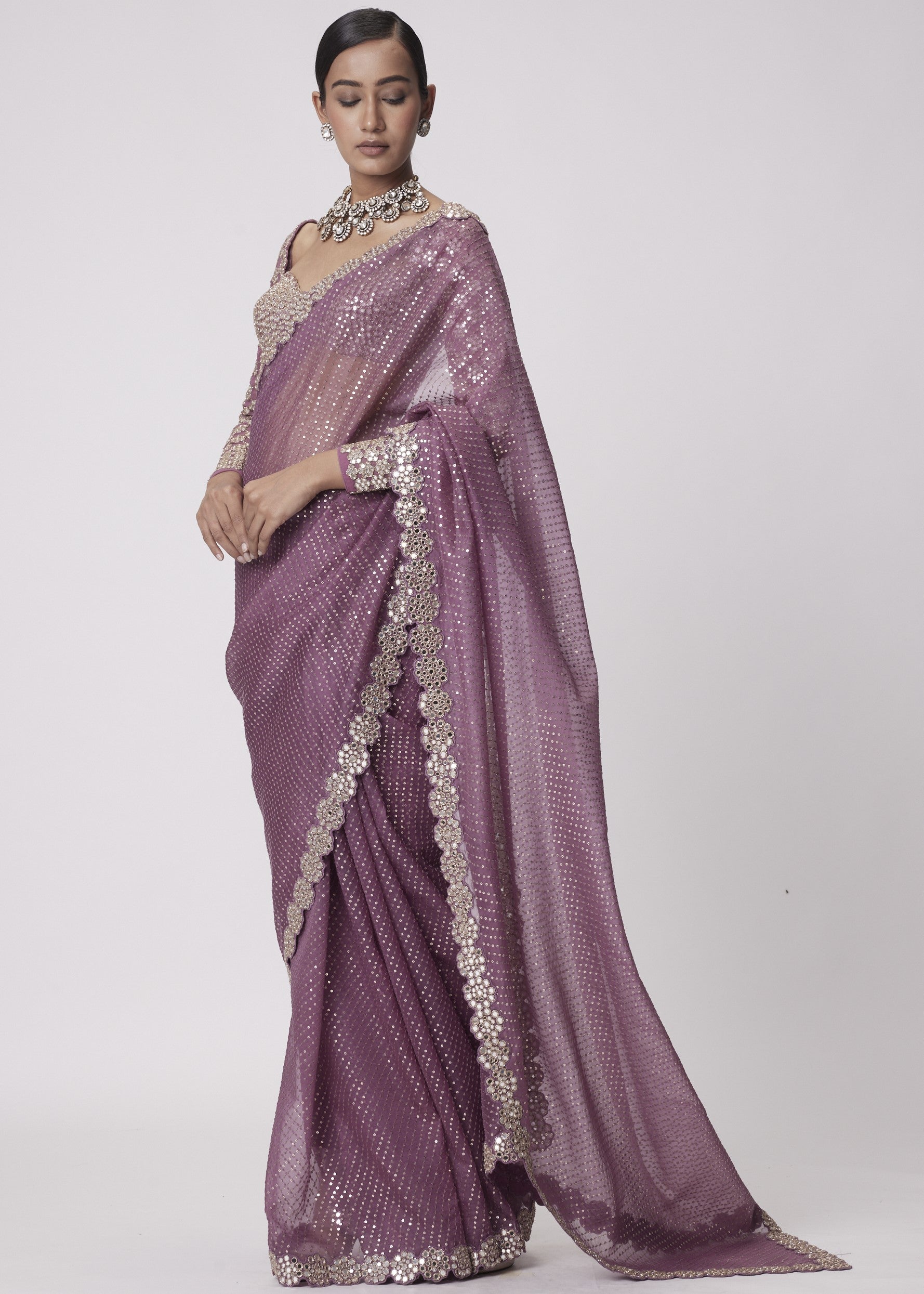 Mud Mauve Hand Embroidered Organza Sari Set