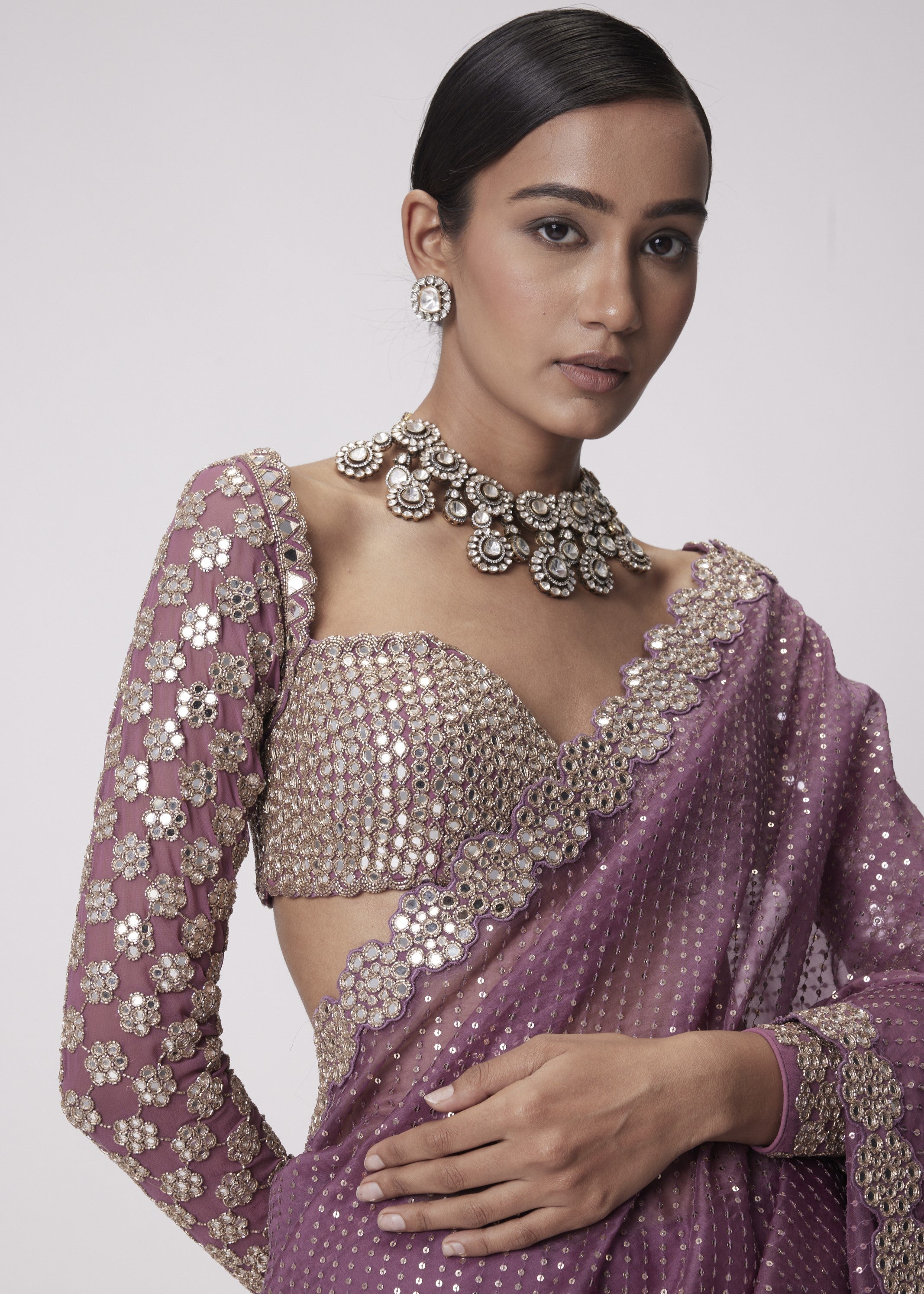 Mud Mauve Hand Embroidered Organza Sari Set