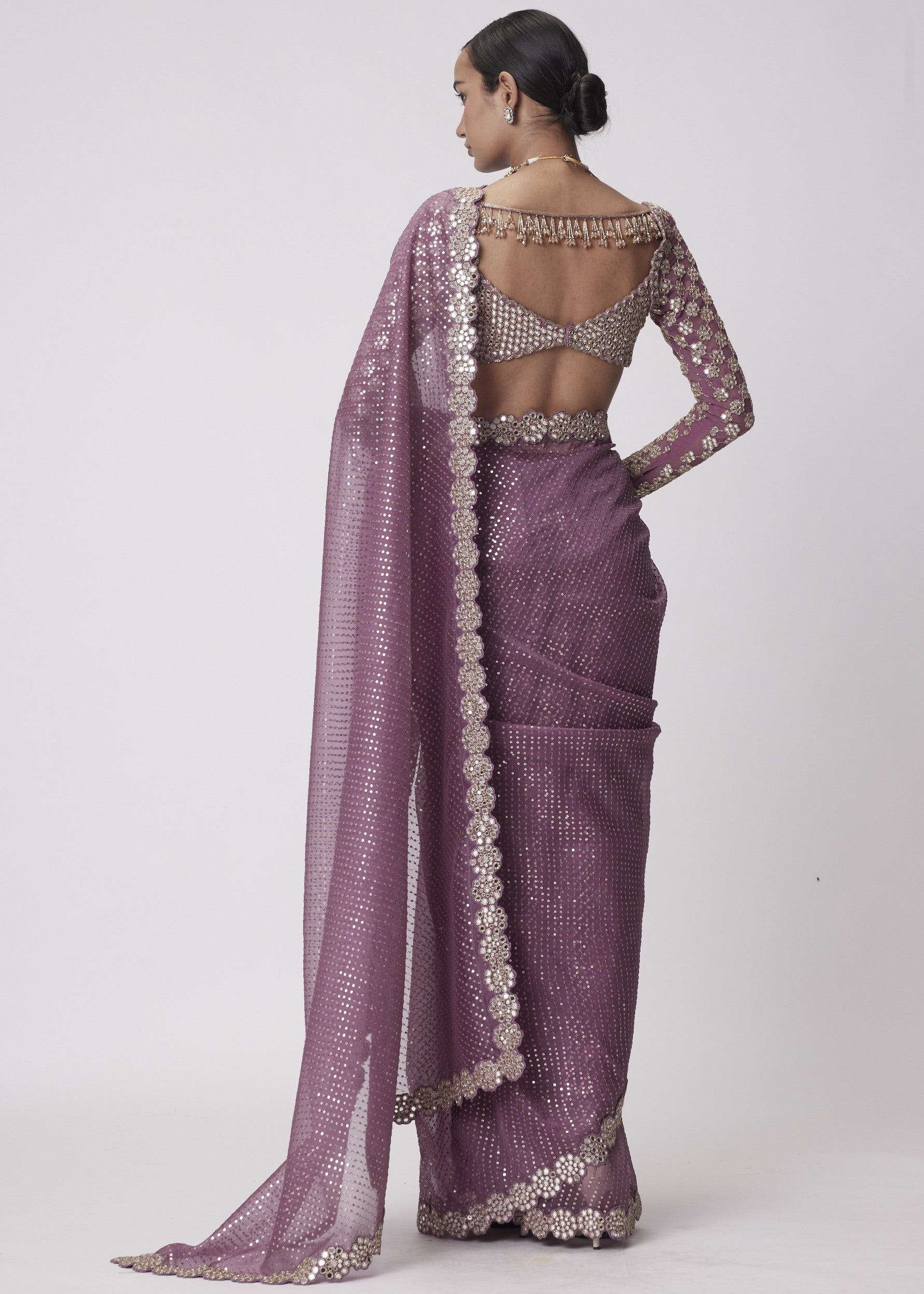 Mud Mauve Hand Embroidered Organza Sari Set