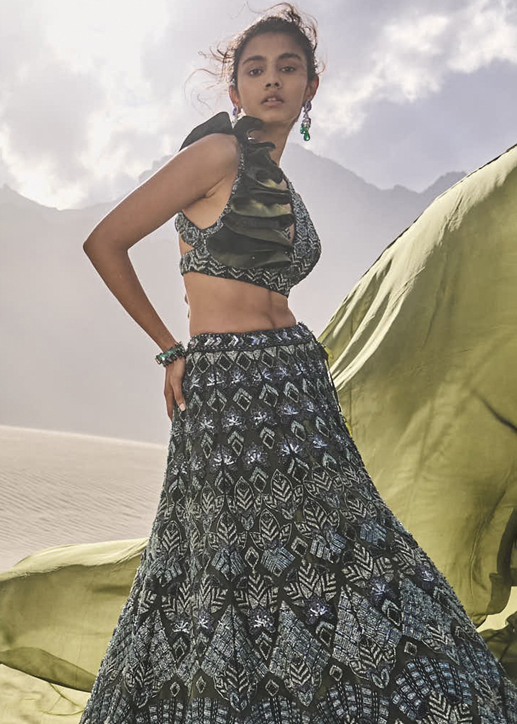 Dark Olive Green 3D Embroidered Lehenga Set