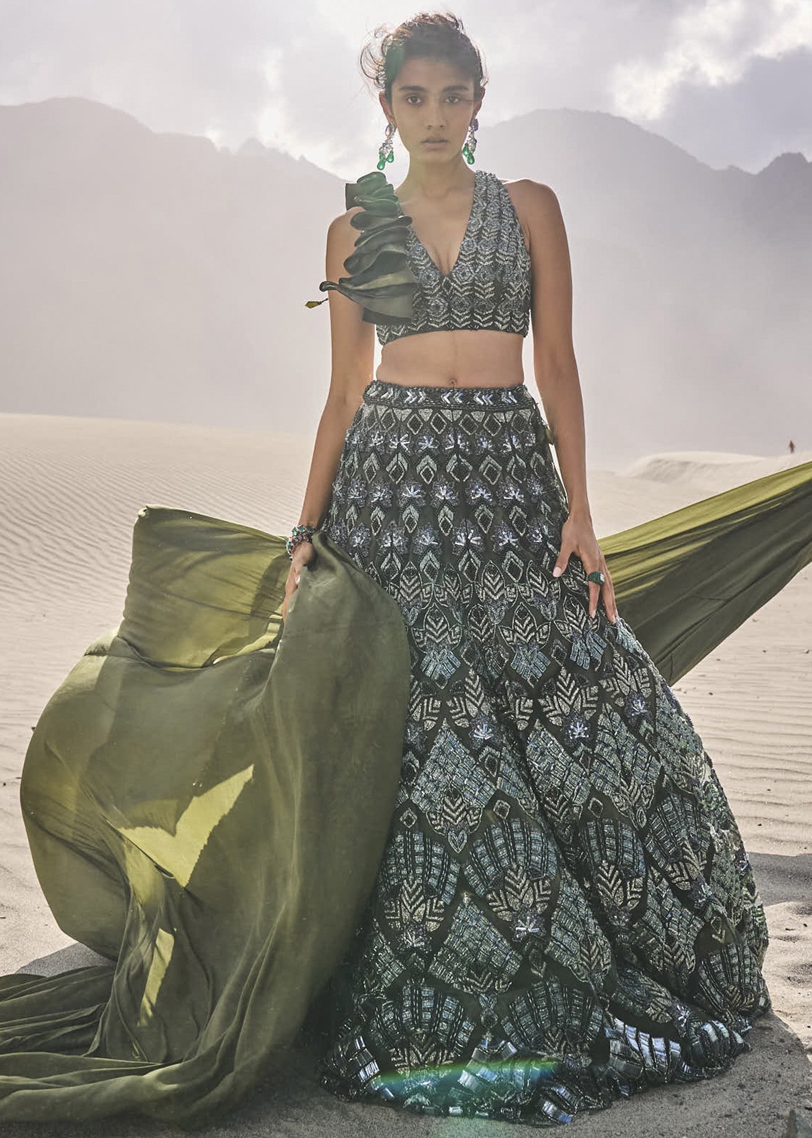 Dark Olive Green 3D Embroidered Lehenga Set