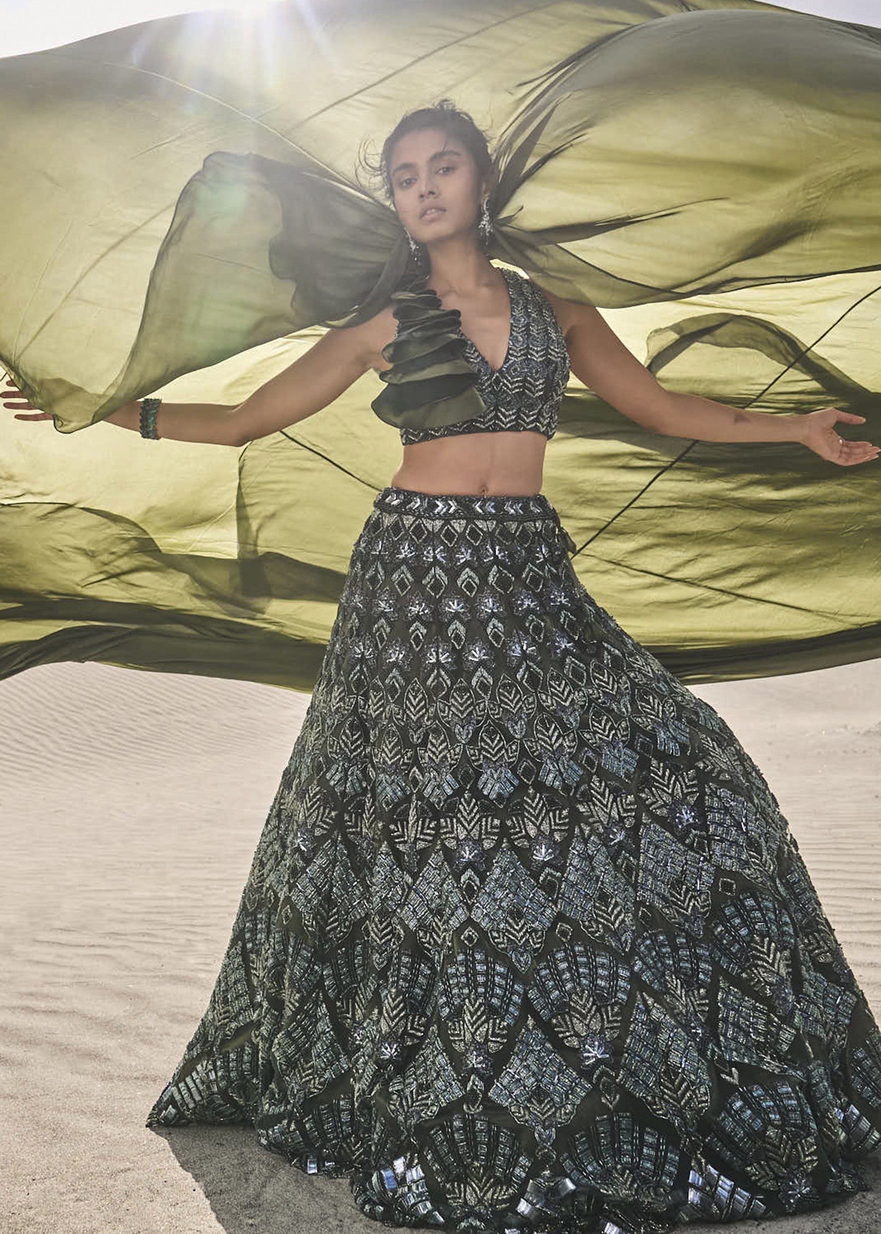 Dark Olive Green 3D Embroidered Lehenga Set