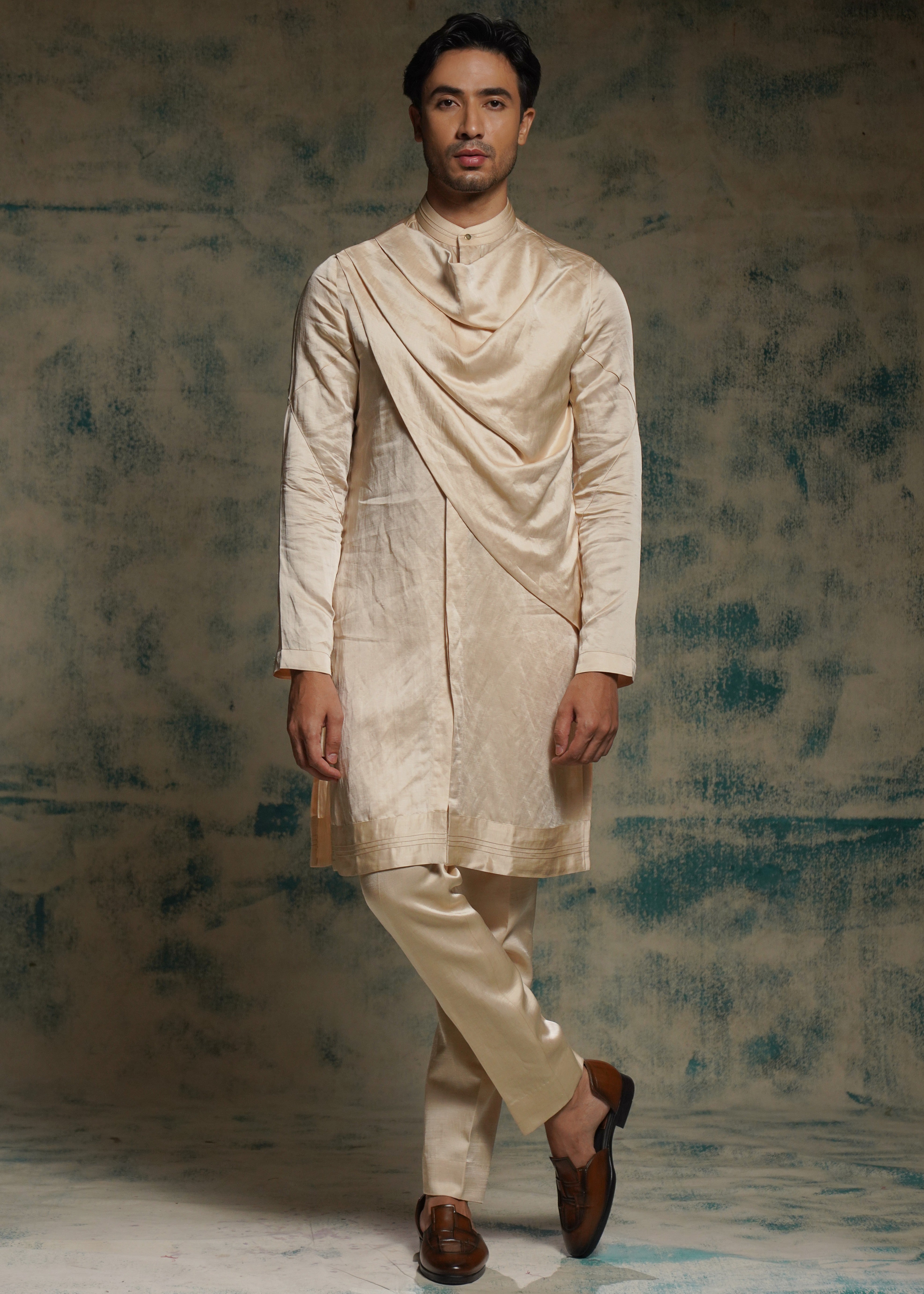 Buttercream Long Kurta Set With Drape