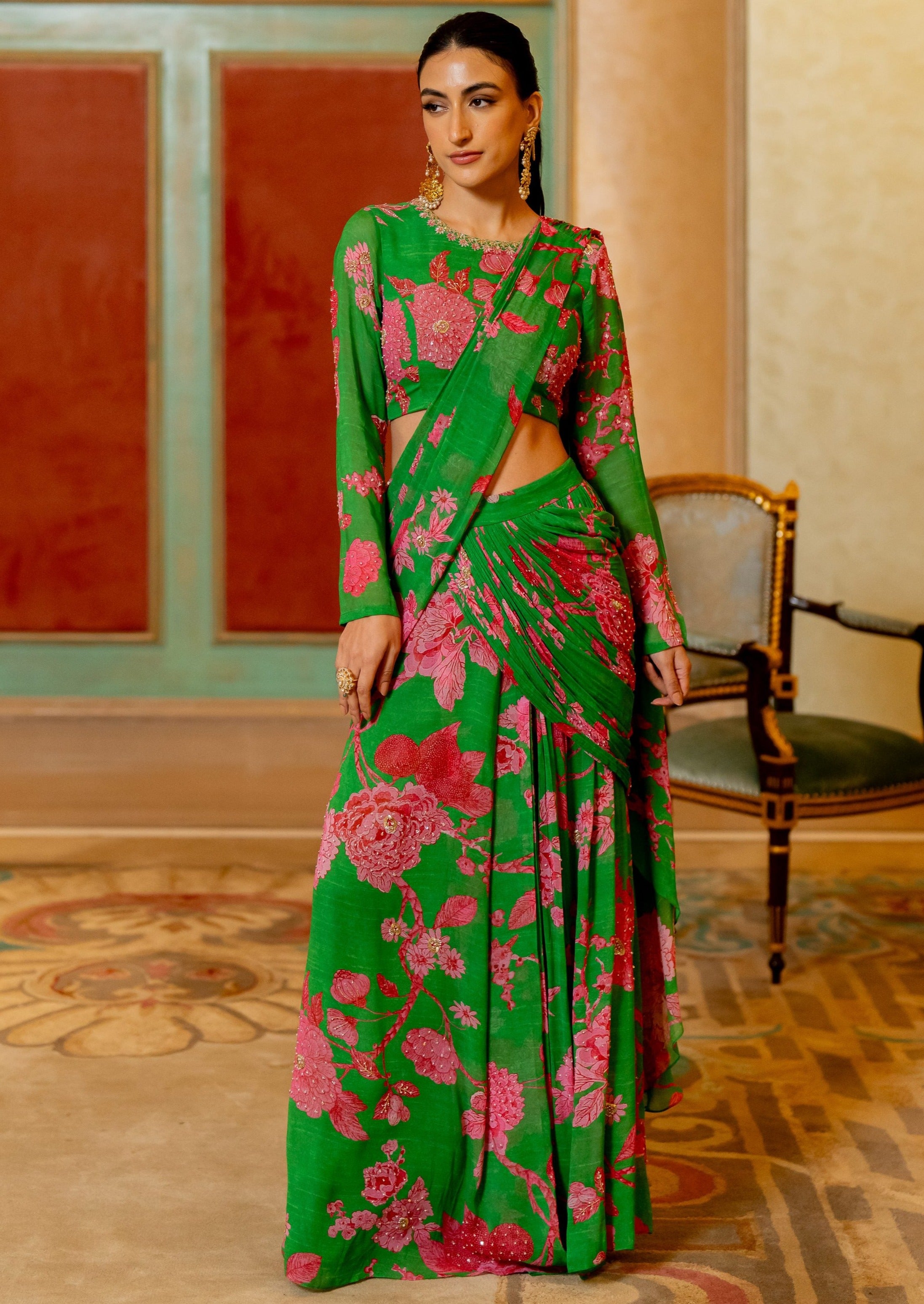 Green and Pink Floral Printed Pre-Draped Sari Set