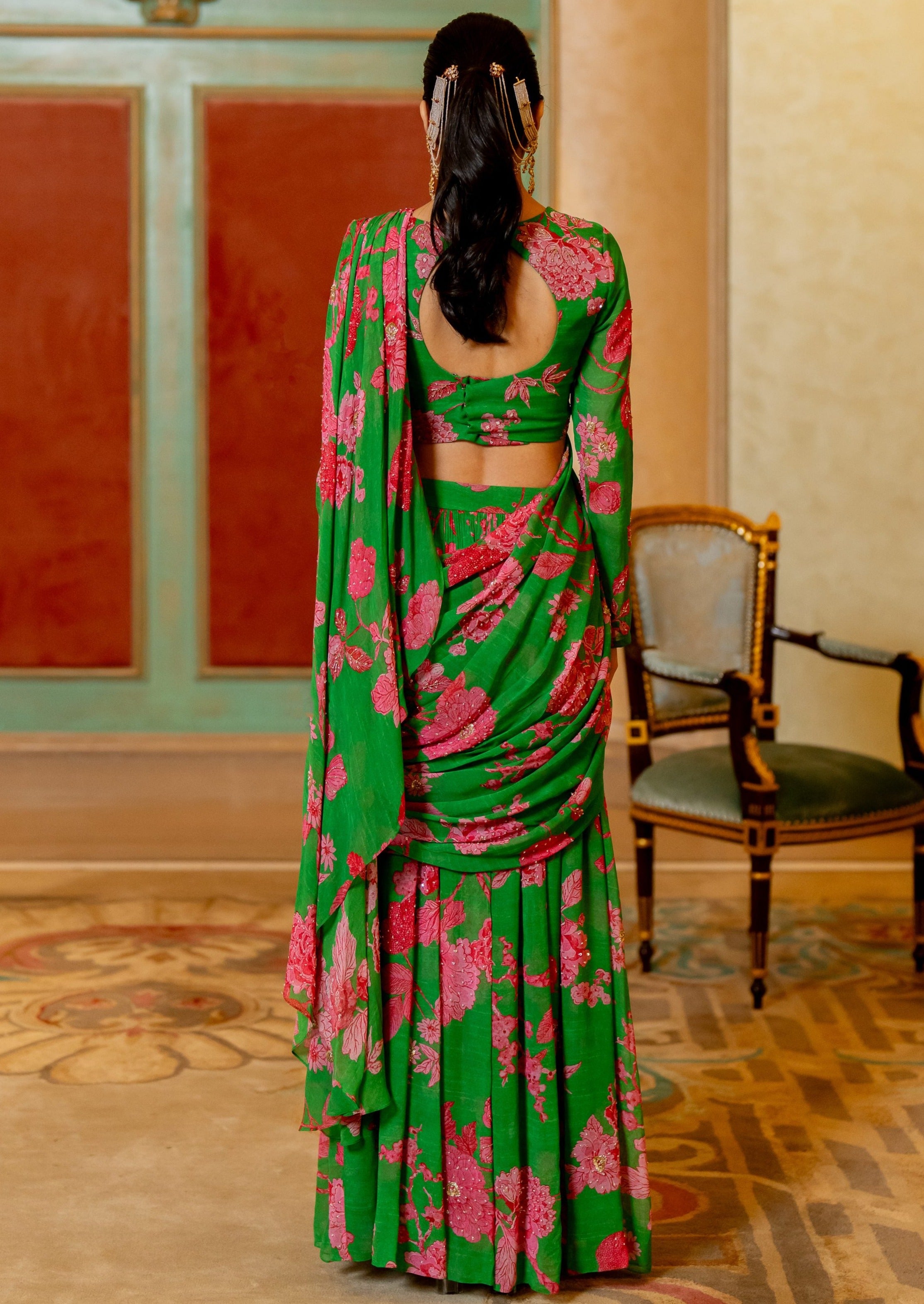Green and Pink Floral Printed Pre-Draped Sari Set