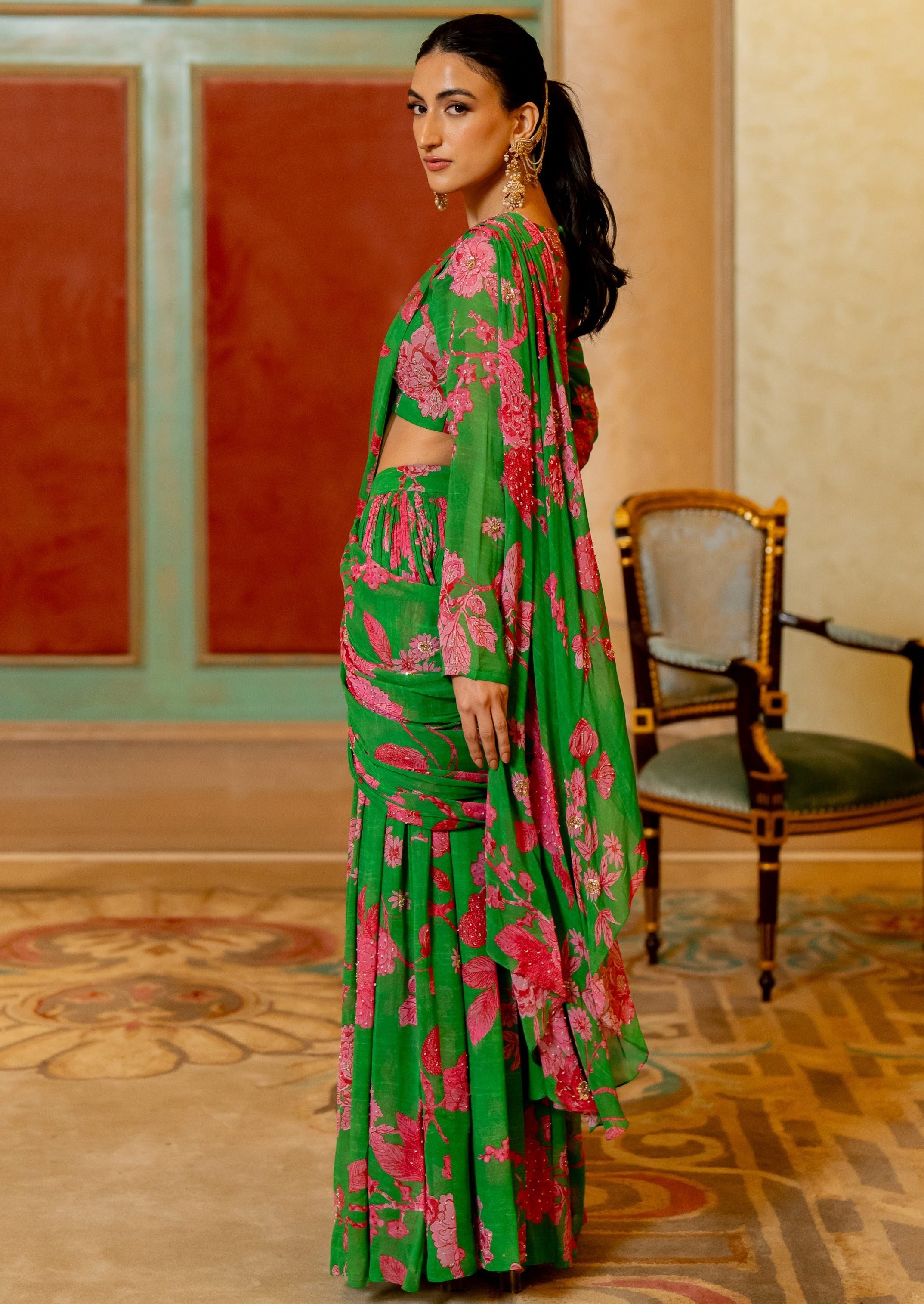 Green and Pink Floral Printed Pre-Draped Sari Set