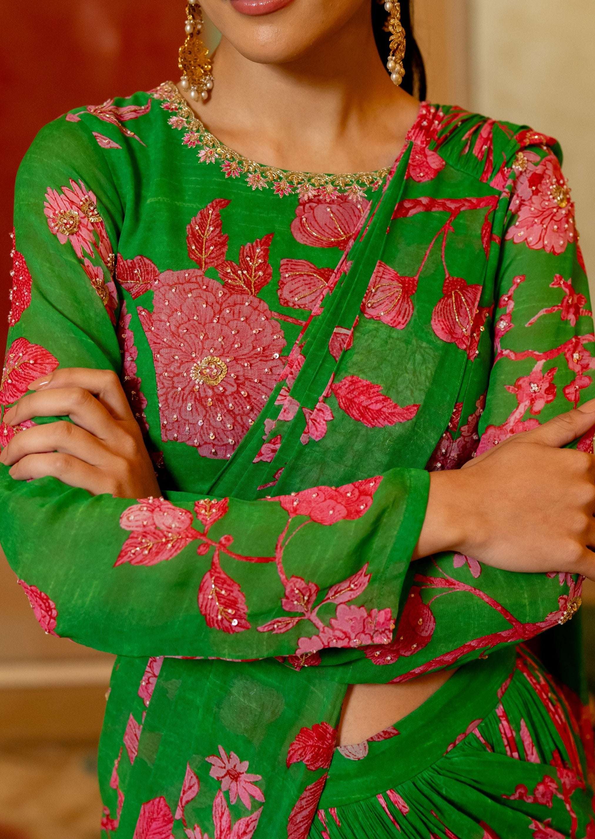 Green and Pink Floral Printed Pre-Draped Sari Set