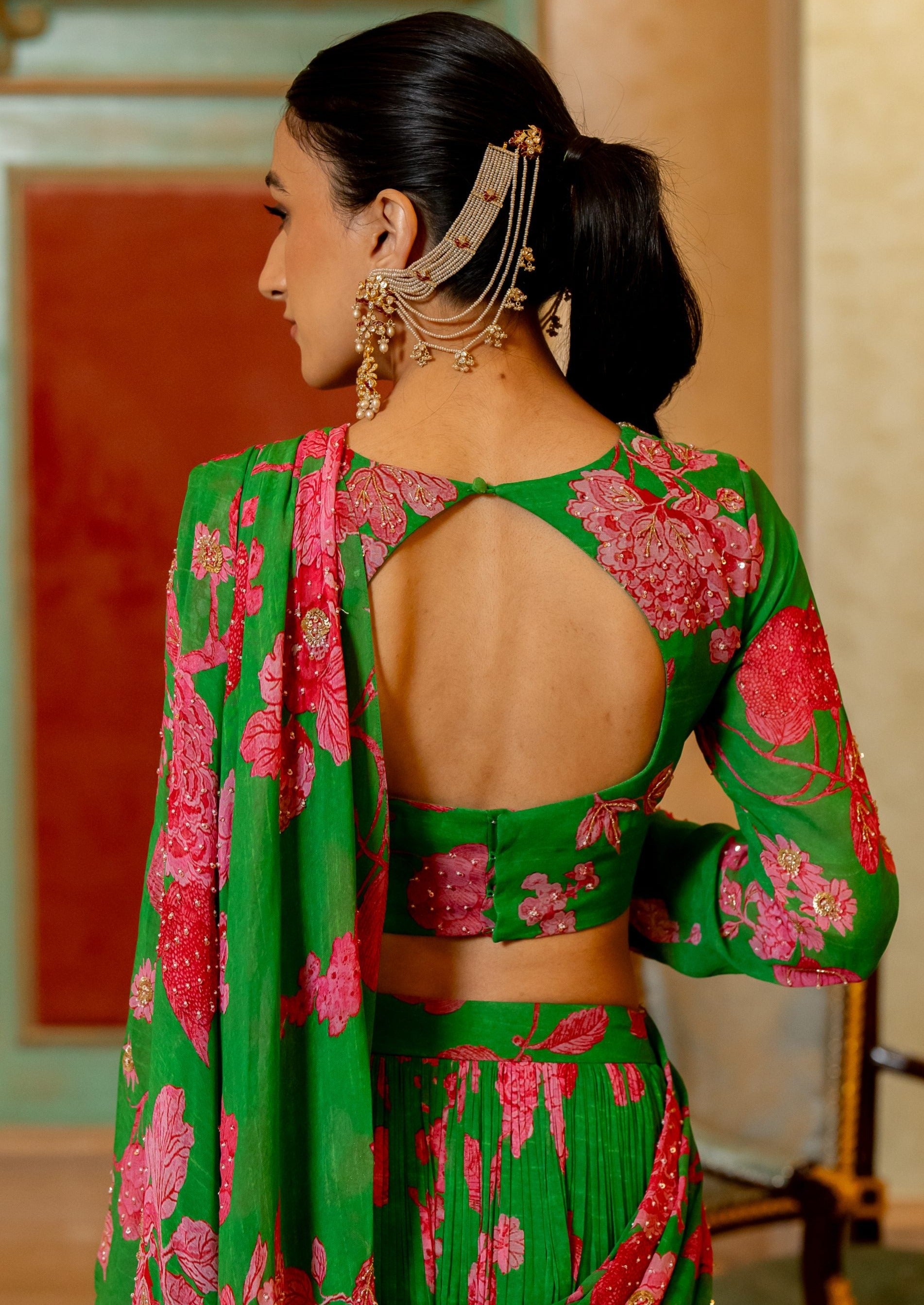 Green and Pink Floral Printed Pre-Draped Sari Set